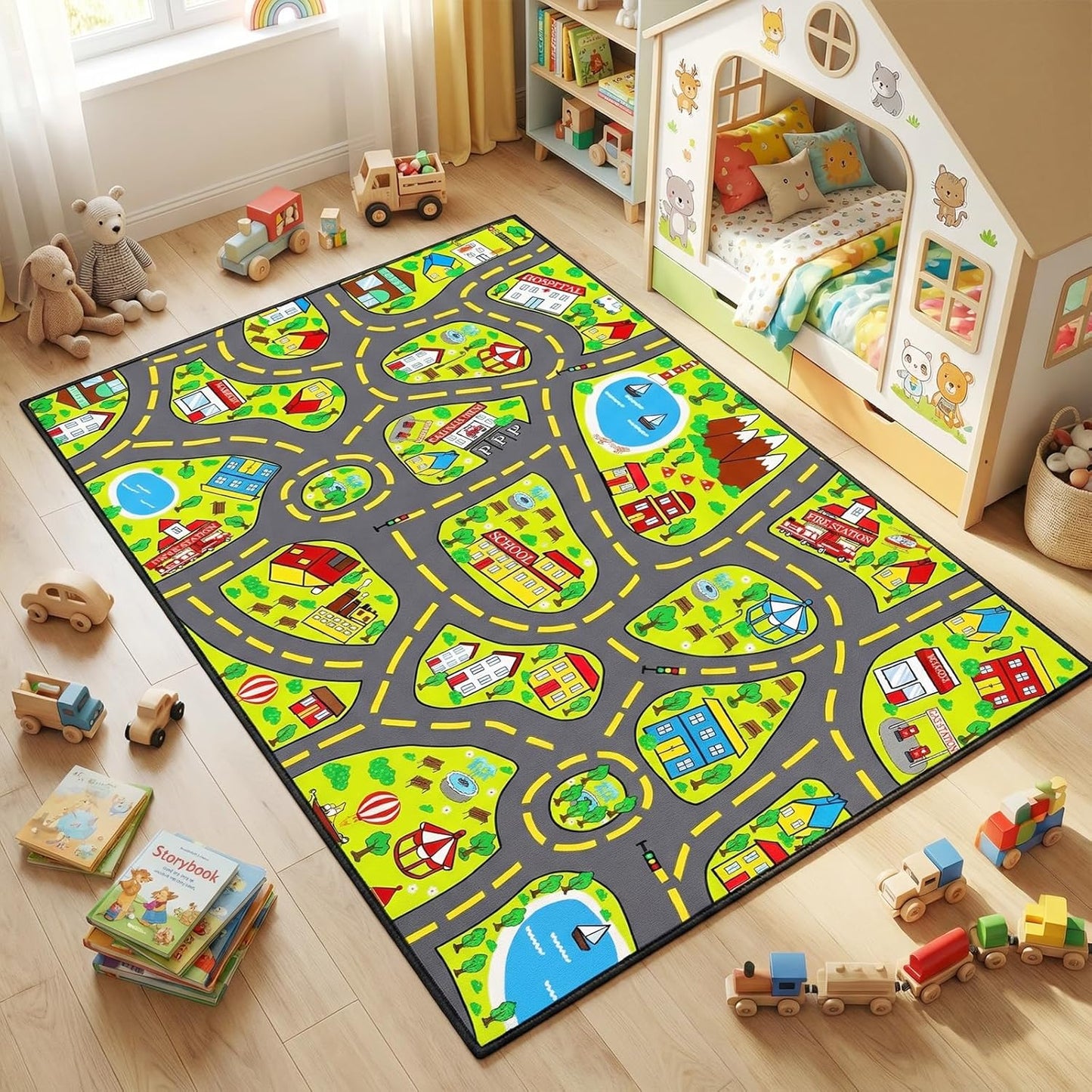 5x7 ft Kids Car Rug - Large Blue Traffic Road Play Mat for Cars, Educational City Play Carpet for Playroom, Nursery & Bedroom Decor