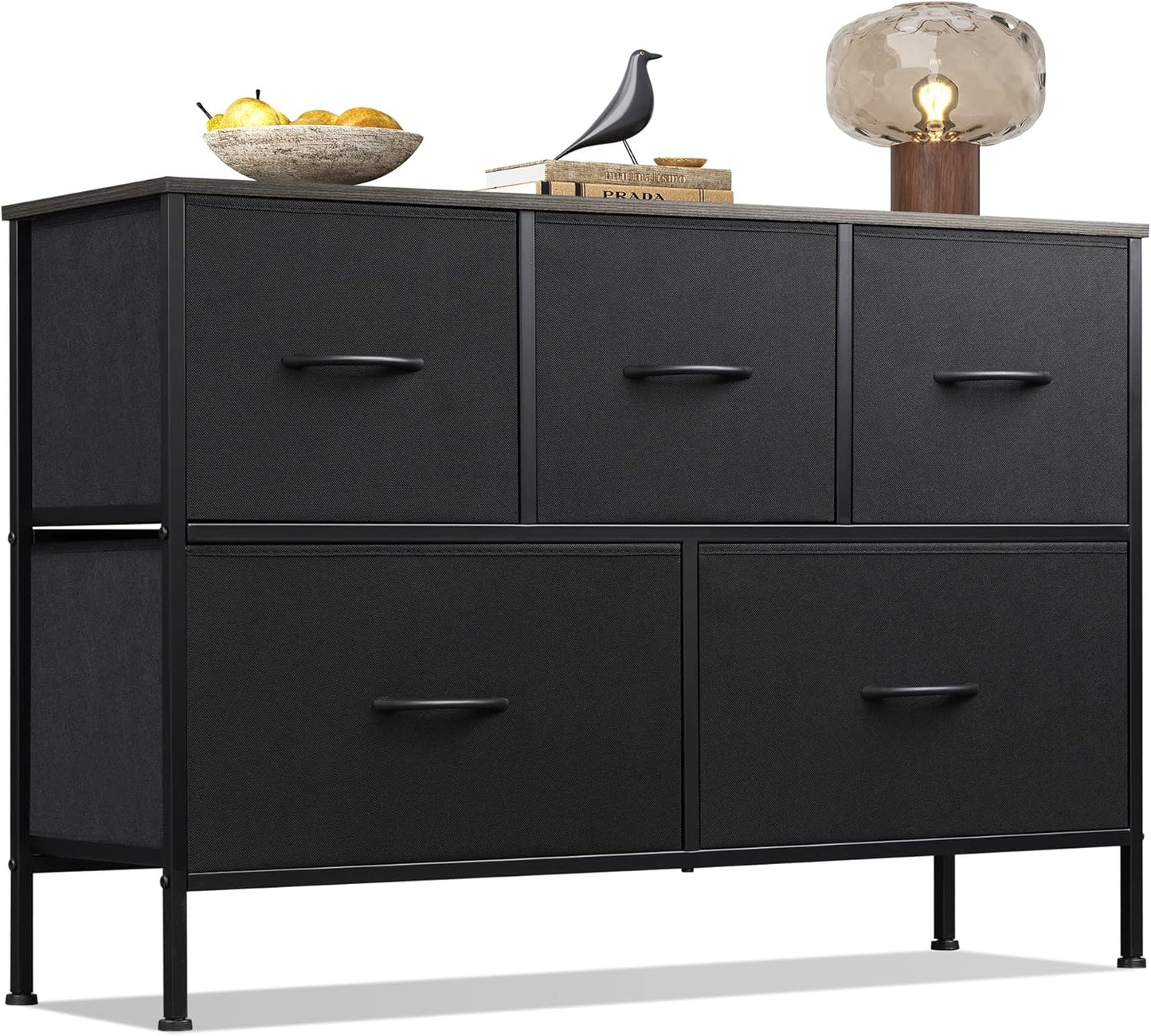 WLIVE Dresser for Bedroom with 5 Drawers, Wide Chest of Drawers, Fabric Dresser, Storage Organizer Unit with Fabric Bins for Closet, Living Room, Hallway, Dark Grey