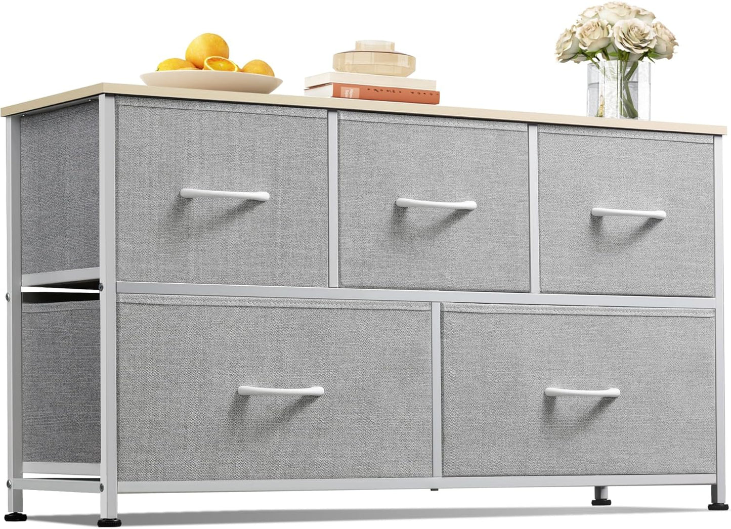 WLIVE Dresser for Bedroom with 5 Drawers, Wide Chest of Drawers, Fabric Dresser, Storage Organizer Unit with Fabric Bins for Closet, Living Room, Hallway, Dark Grey