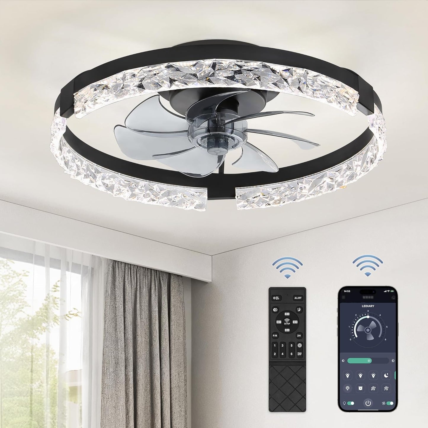 LEDIARY 20 Inch Low Profile Ceiling Fans with Lights and Remote, Fandelier Ceiling Fan Flush Mount, 3000K-6000K Dimmable LED Fan Light, White Modern Ceiling Fans with Lights for Bedroom