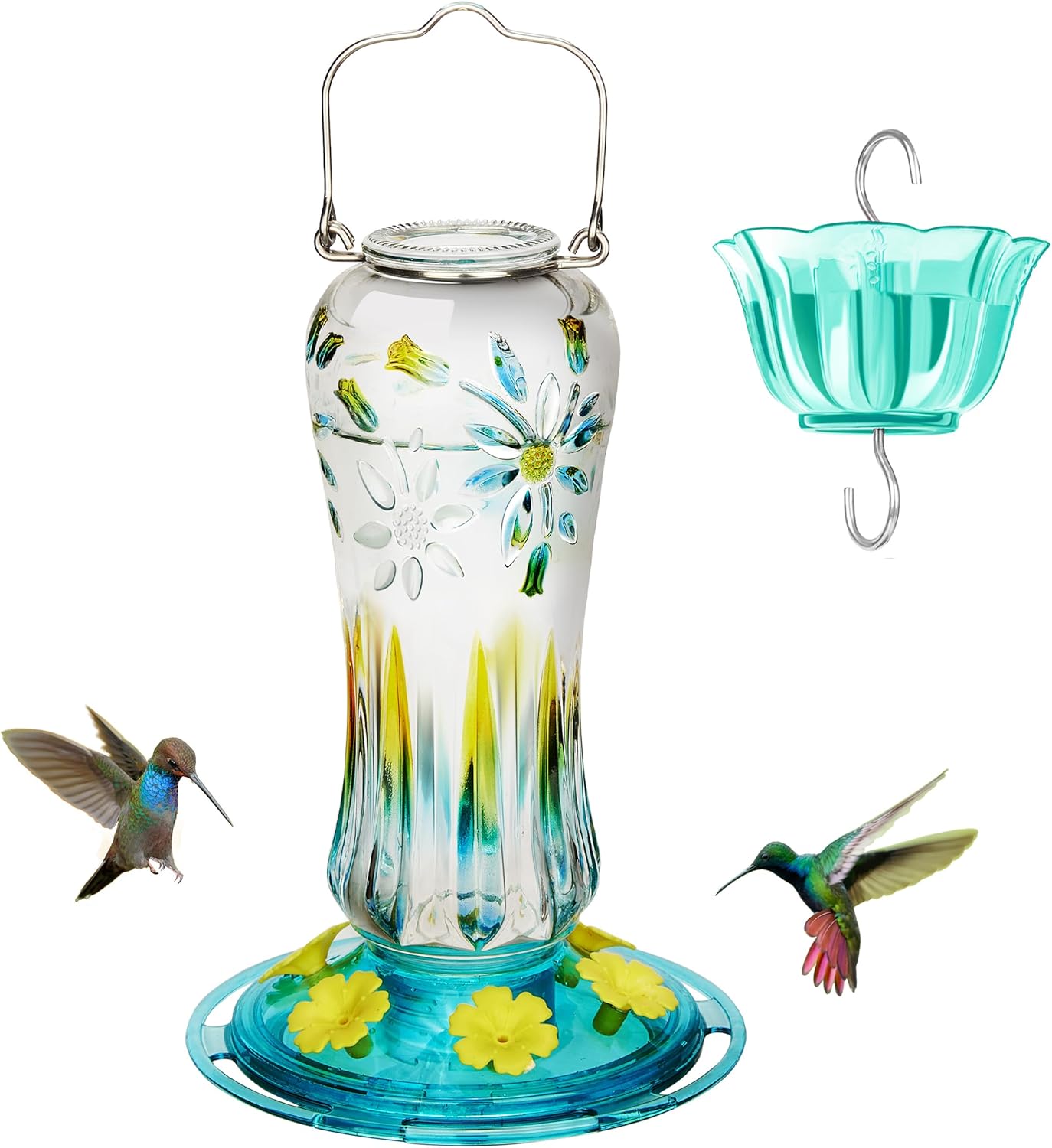 Kingsyard Glass Hummingbird Feeders for Outdoors Hanging, 25 oz Leak Proof Hummingbird Feeder with Ant Moat & 6 Bee Proof Feeding Ports, Red