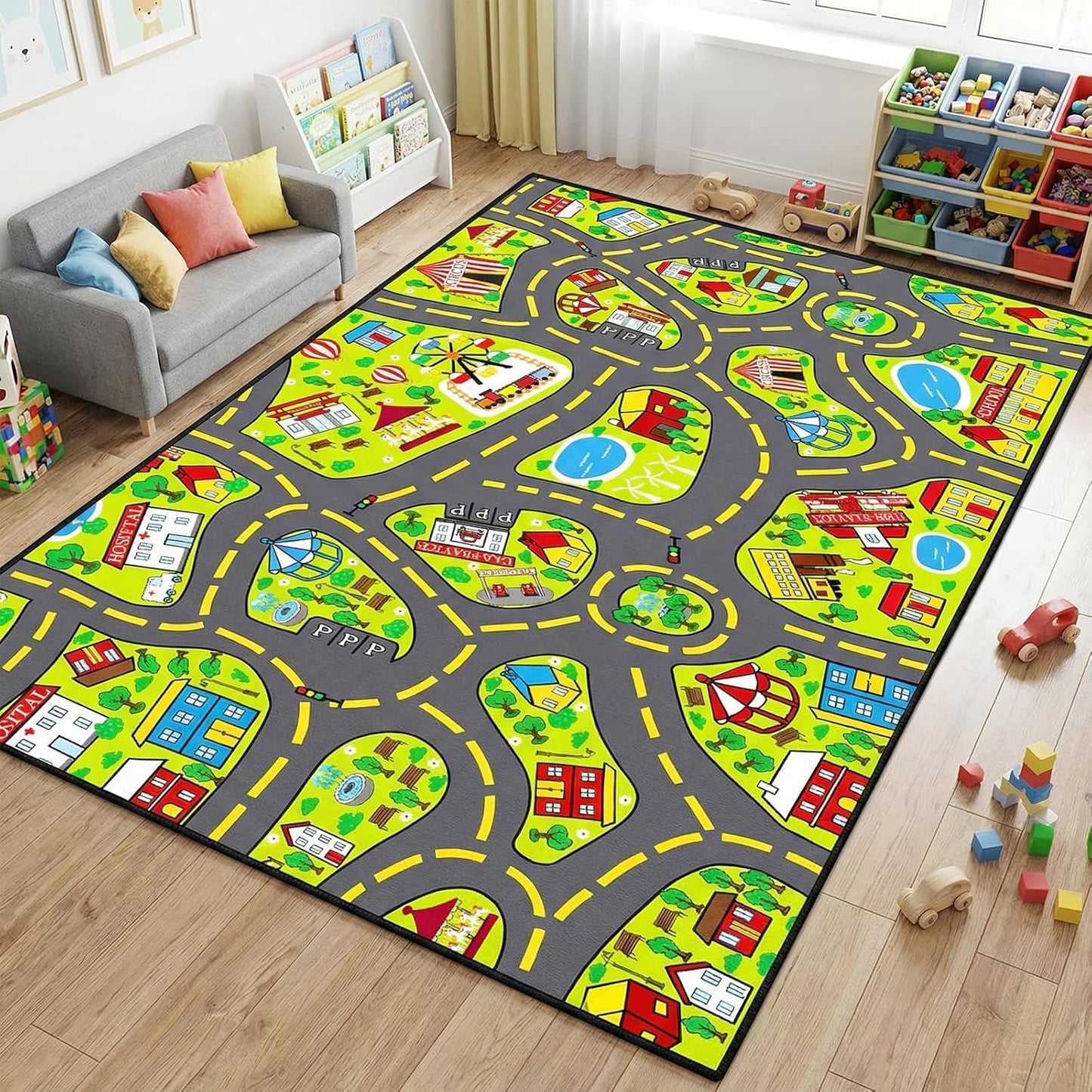 5x7 ft Kids Car Rug - Large Blue Traffic Road Play Mat for Cars, Educational City Play Carpet for Playroom, Nursery & Bedroom Decor