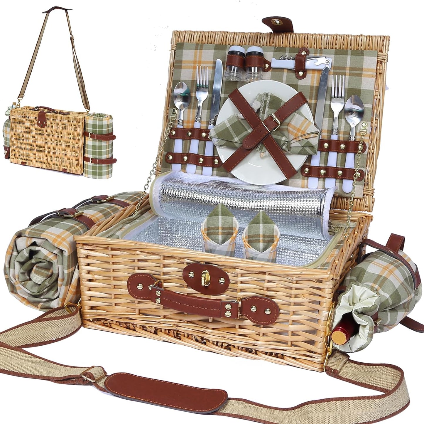 Picnic Basket for 4 Persons with Waterproof Picnic Blanket and Insulated Cooler, Large Wicker Picnic Basket for Camping, Outdoors, Valentine's Day, Christmas, Birthday, Wedding Gift