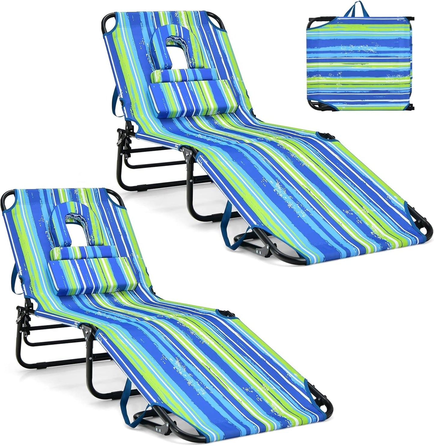 GYMAX Tanning Chair, 330lbs Beach Lounge Chair with Face Hole, Washable Pillow & Carry Strap, Adjustable Folding Chaise Lounge, Layout Chair for Outside, Patio, Poolside, Lawn (1, Stripe)