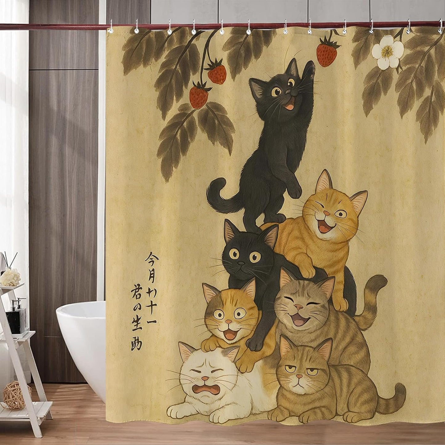 Accnicc Cute Cat Shower Curtain Funny Fun Cool Cats Monet Shower Curtains for Bathroom Water Lilies Waterproof Fabric Bath Curtain Decor 72 X 72 Inch