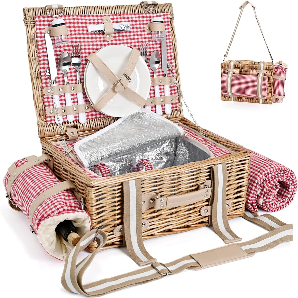 31Pcs Picnic Basket Set for 4 with Insulated Liner and Waterproof Blanket Wine Pouch, Large Wicker Picnic Hamper for Camping,Outdoor,Valentine Birthday Christmas for Couples