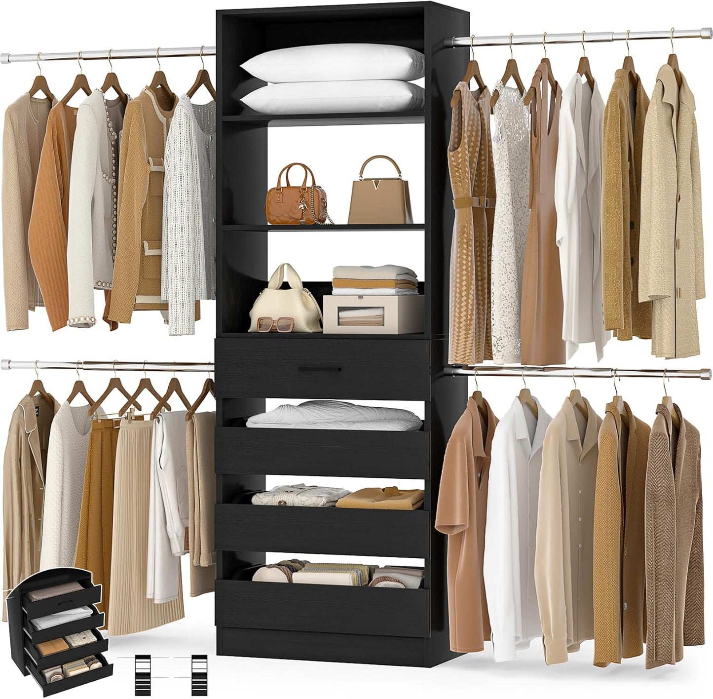 Aheaplus Closet System, 4-9Ft Closet Organizer with 4 Wooden Drawers, Wood Closet Organizer System with Tower, Walk-in Closet Organizer Wardrobe Clothes Rack with 4 Hanging Rods, Garment Rack, White
