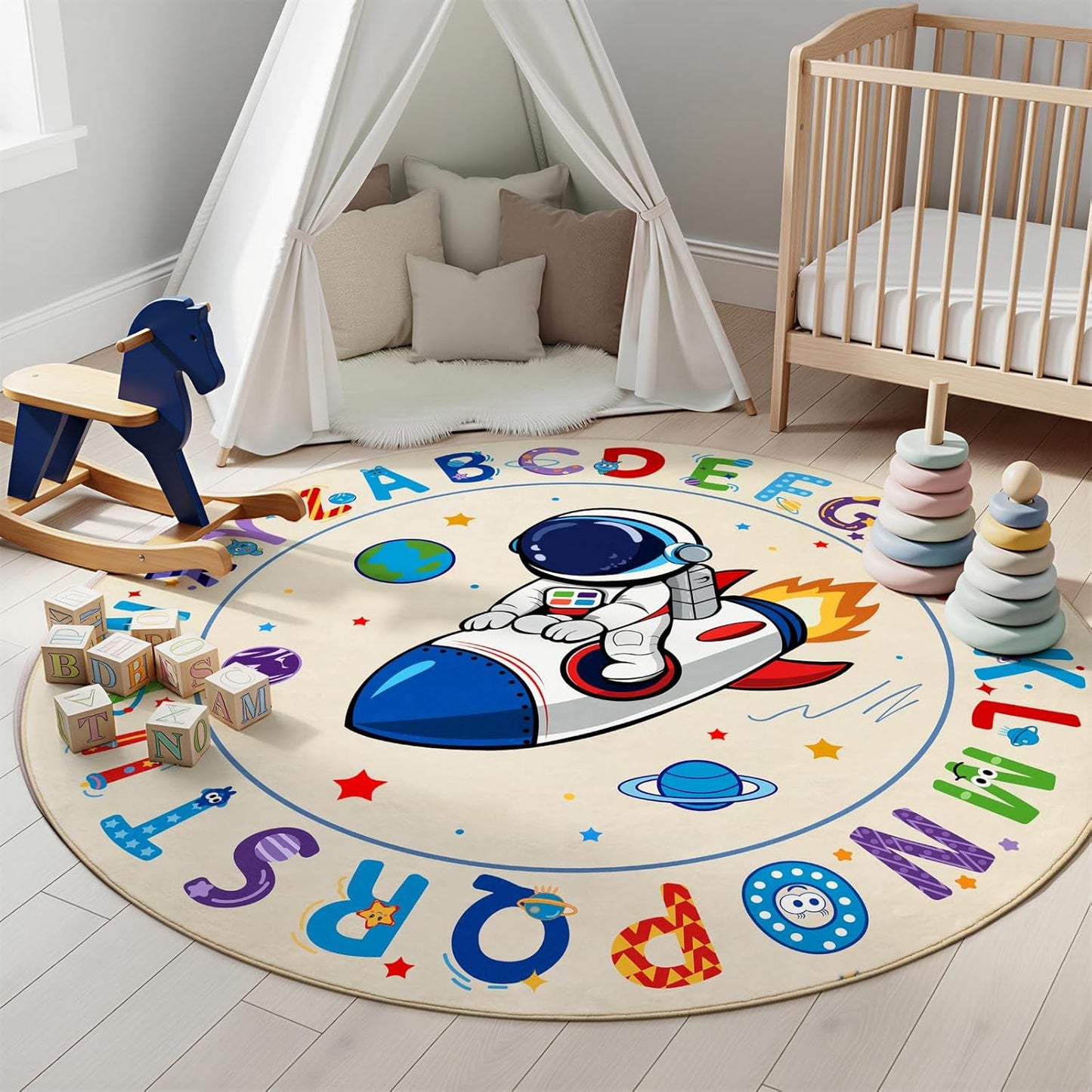ABC Kids Alphabet Round Rug 4ft, Washable Soft Circle Nursery Rug, Non-Slip Educational Carpet with Space Astronaut Design for Classroom, Playroom & Kids Room Decor Blue