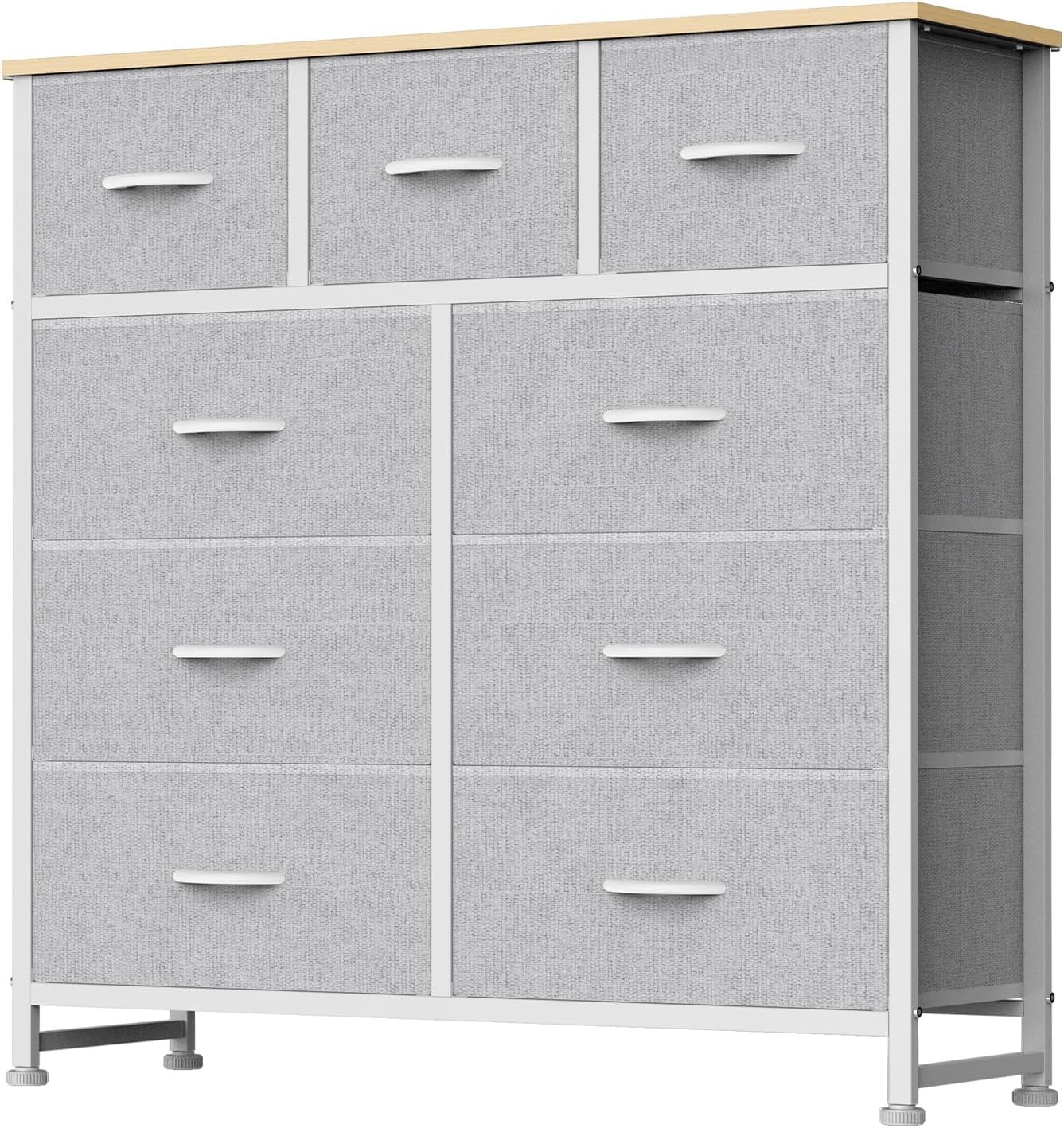 DUMOS Dresser for Bedroom, Storage Organizer with 9 Drawers, Chest of Drawers with Fabric Bins, Sturdy Metal Frame, Wood Tabletop for Guest Room, Closet, Entryway, White