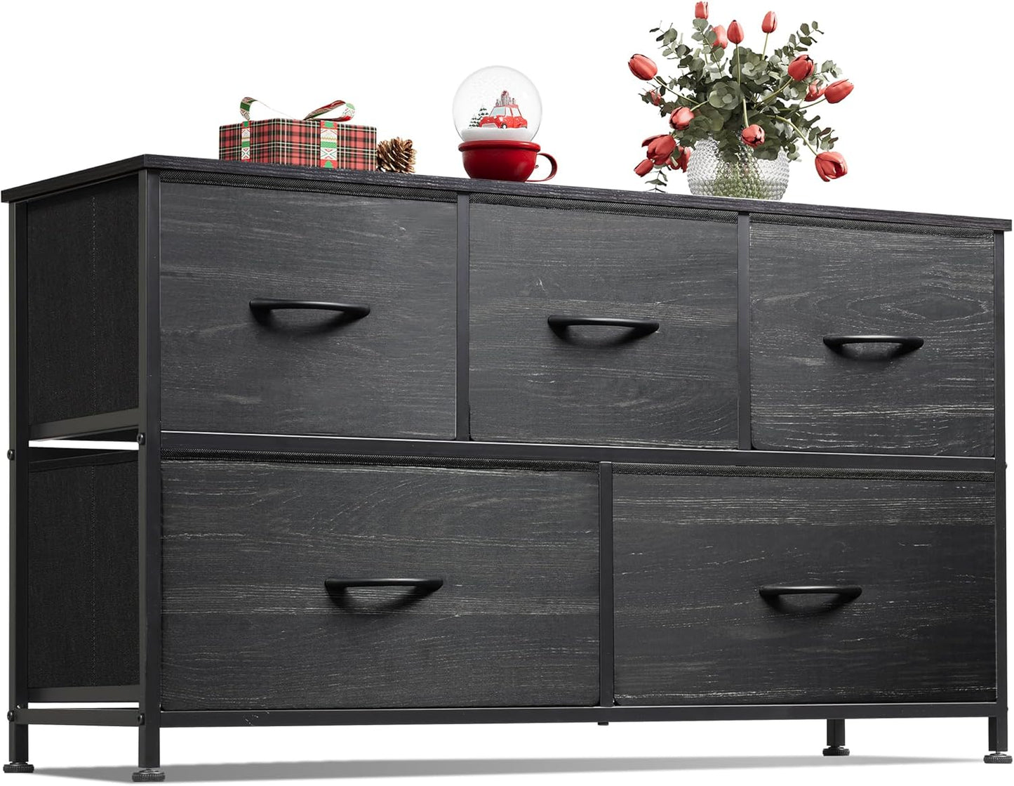 WLIVE Dresser for Bedroom with 5 Drawers, Wide Chest of Drawers, Fabric Dresser, Storage Organizer Unit with Fabric Bins for Closet, Living Room, Hallway, Dark Grey