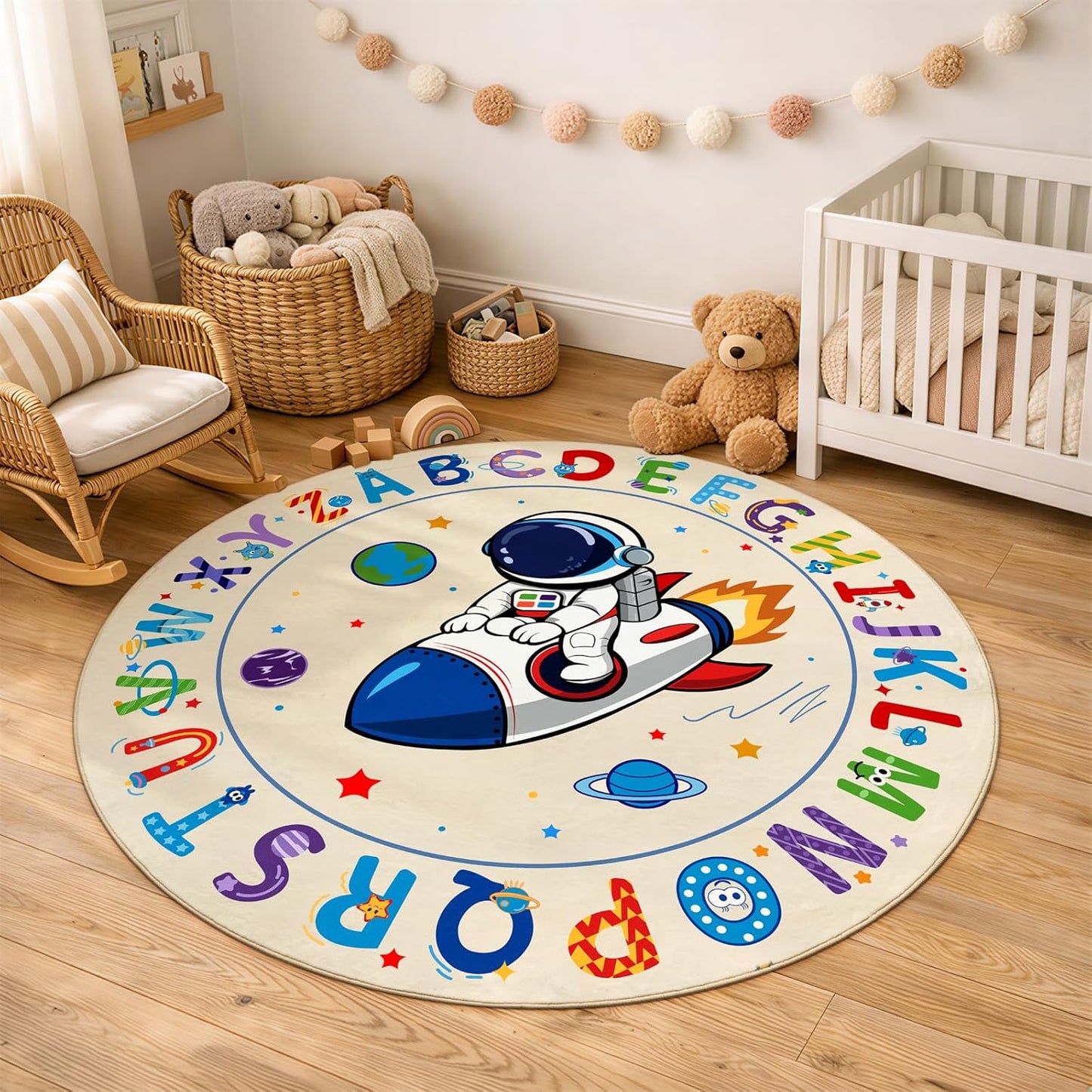 ABC Kids Alphabet Round Rug 4ft, Washable Soft Circle Nursery Rug, Non-Slip Educational Carpet with Space Astronaut Design for Classroom, Playroom & Kids Room Decor Blue