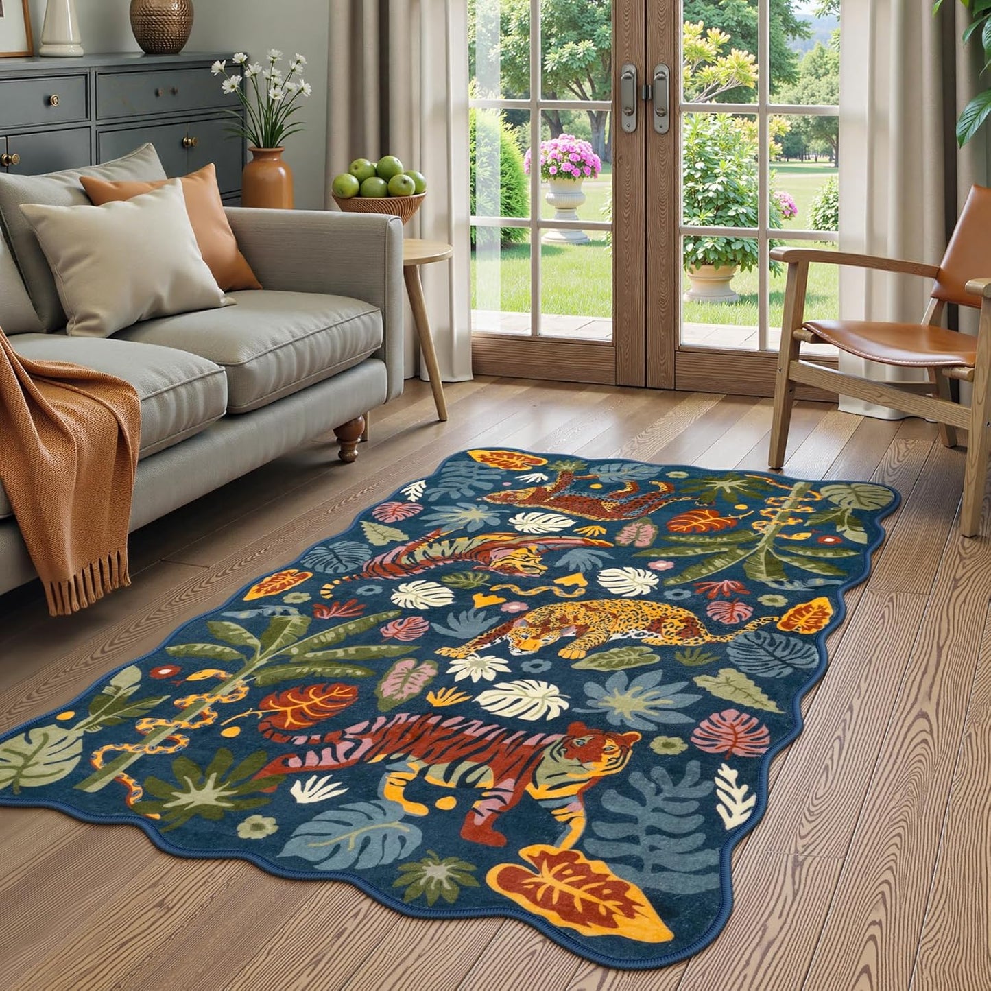 LEEVAN Jungle Animal Nursery Rugs 5x7, Washable Green Tiger Living Room Rugs Non Slip Scalloped Tiger Bedroom Rug, Low Pile Leopard Floor Carpet Leaf Print Kids Rug