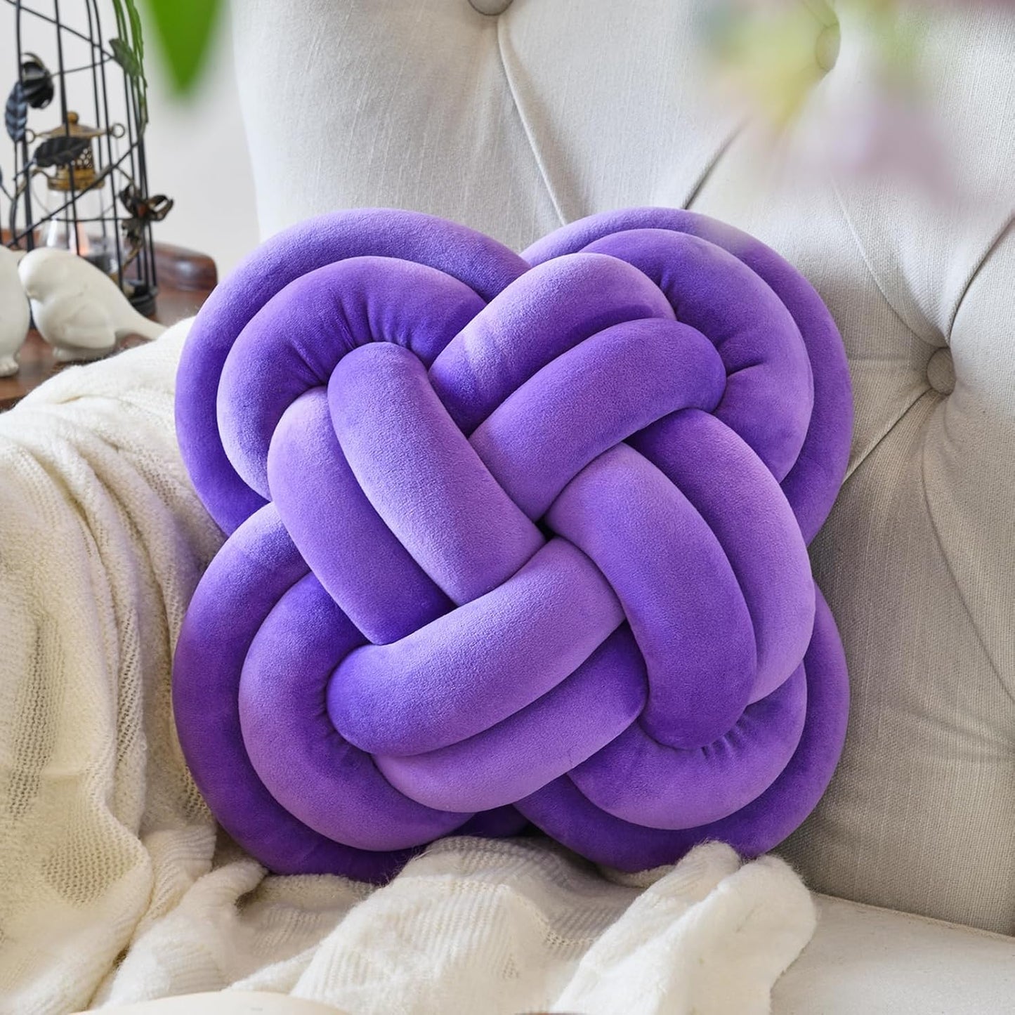 Xuyier Knot Pillow Ball, Decorative Throw Pillows with Velvet Fabric for Couch Bed, 12" Decor Knotted Square Floor Pillow Cushions for Living Room (12 Inches, Beige)