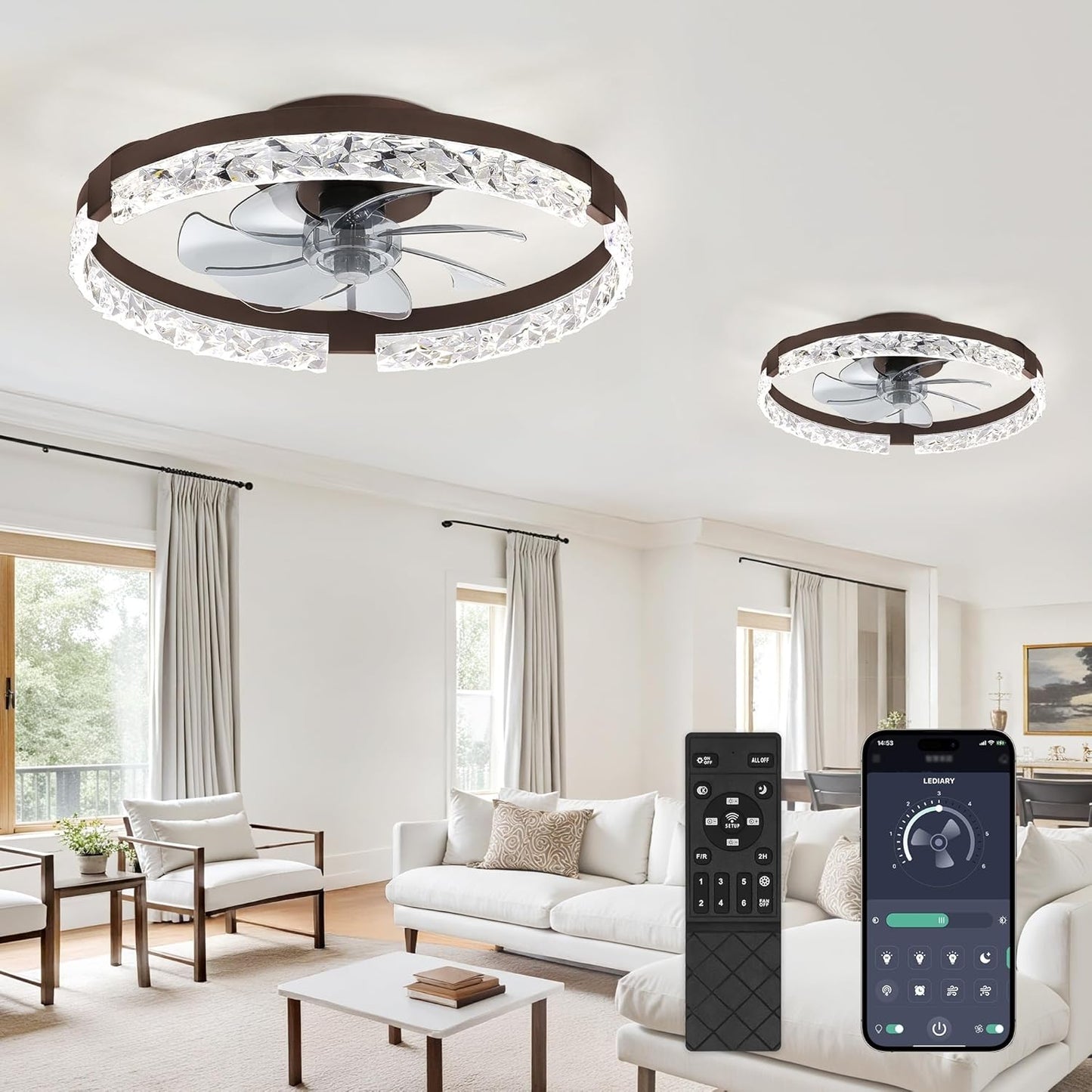 LEDIARY 20 Inch Low Profile Ceiling Fans with Lights and Remote, Fandelier Ceiling Fan Flush Mount, 3000K-6000K Dimmable LED Fan Light, White Modern Ceiling Fans with Lights for Bedroom
