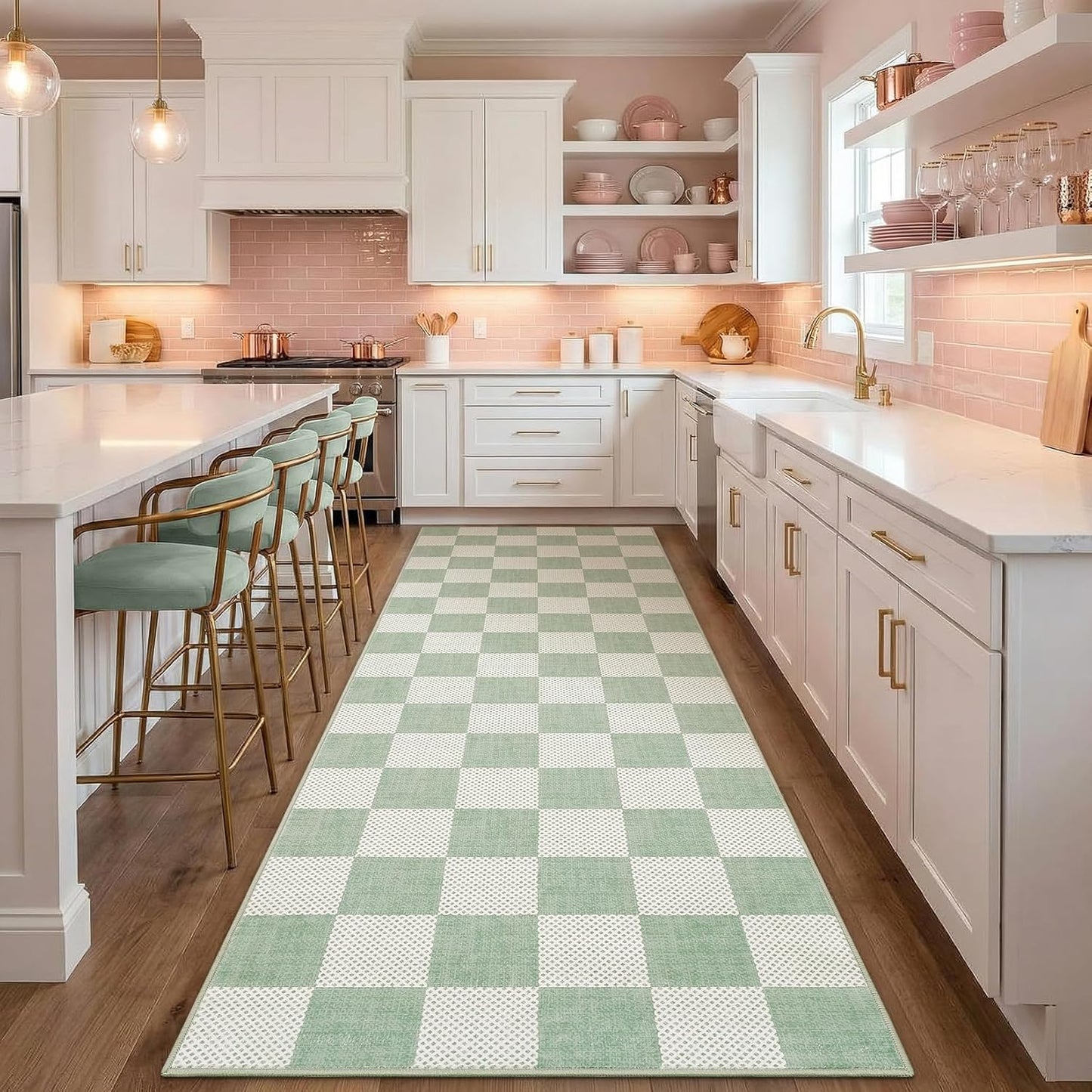 Checkered Sage Green 4x6 Washable Rug Geometric Diamond Dot Modern Soft Low-Pile Girls Small Rug for Bedroom Nursery Living Room Entryway Non-Slip TPE Backing
