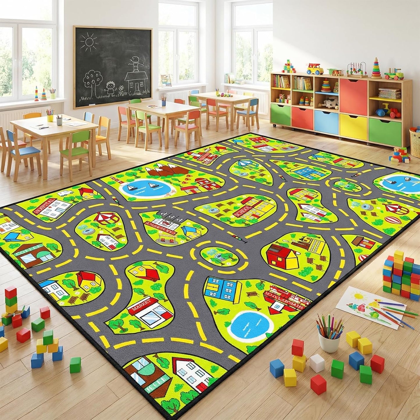 5x7 ft Kids Car Rug - Large Blue Traffic Road Play Mat for Cars, Educational City Play Carpet for Playroom, Nursery & Bedroom Decor