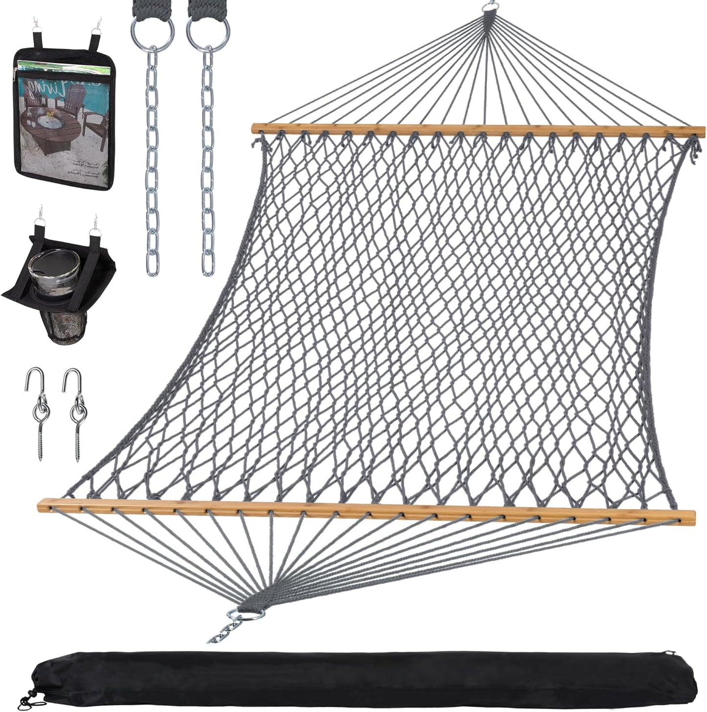 SUNCREAT Hammocks Traditional Rope Double Hammock with Hardwood Spreader Bar and Carrying Bag, 450 lbs Capacity, Natural