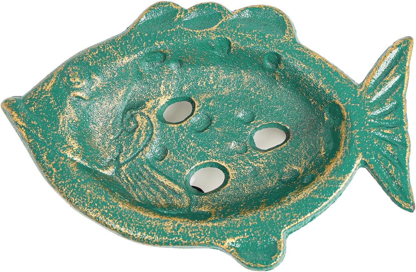Sungmor Heavy Duty Cast Iron Hand Soap Holder - Lovely Bird Shaped & Antique Green Finish - Decorative Tabletop Soap Dish Tray for Kitchen Bathroom Sink - Practical Bath Soap Box Container