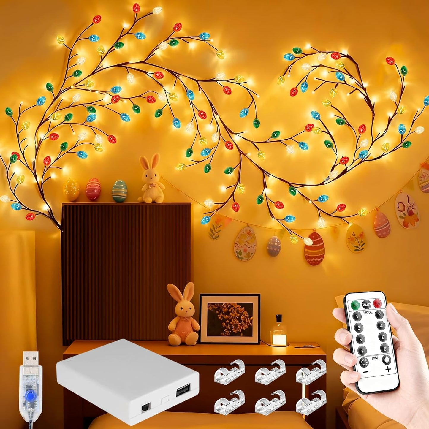 Cherry Enchanted Willow Vine Lights, 4FT 48LED Pink Cherry Blossom Tree Branch Lights for Wall, Remote Timer,8 Light Model,Bedroom Wall Doors Wedding, Christmas, USB Battery Box