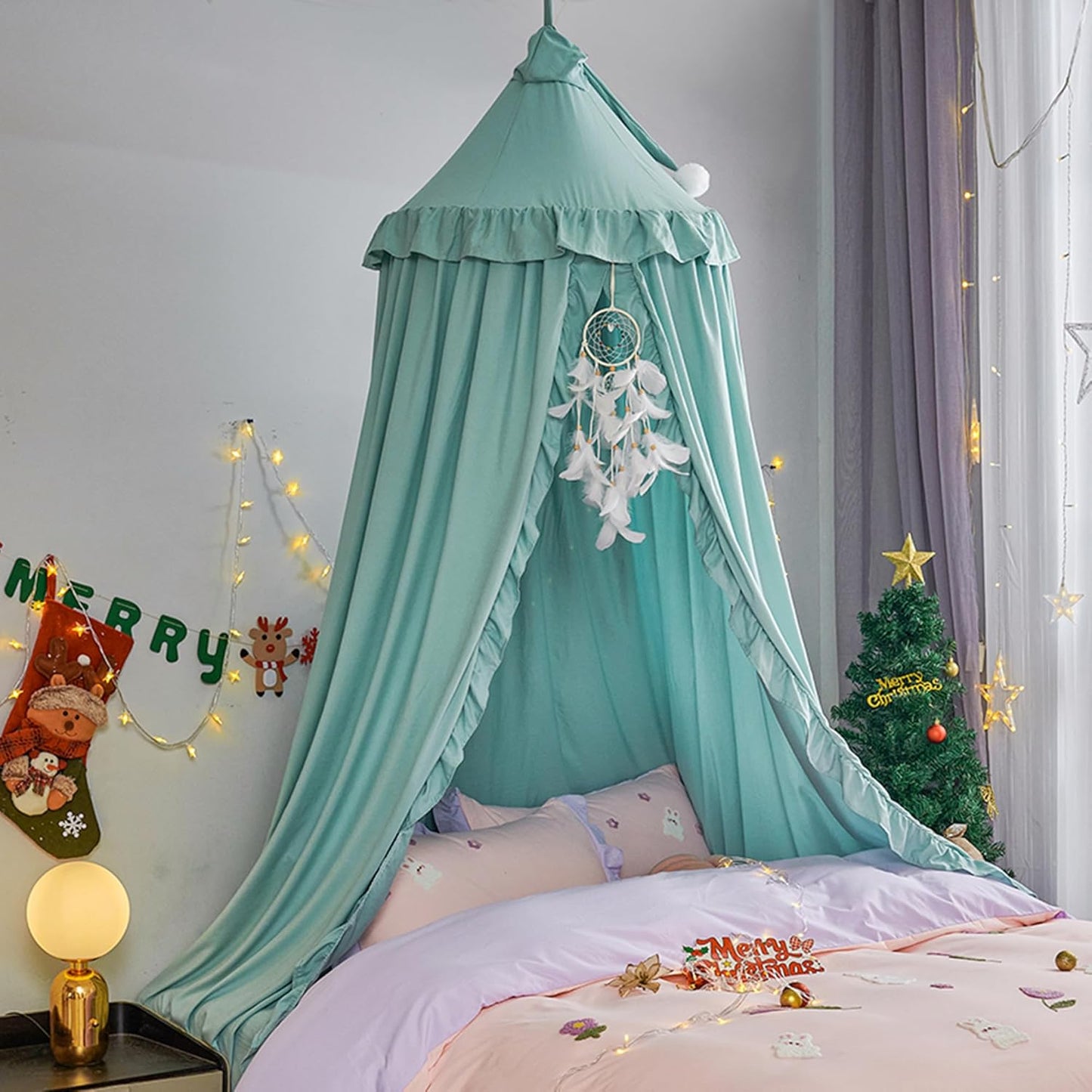VETHIN Bed Canopy for Girls,Princess Round Dome Dreamy Mosquito Net Bedding Girls Room Castle Play Tent Hanging House Decor Reading Nook Canopies (JujubeRed)