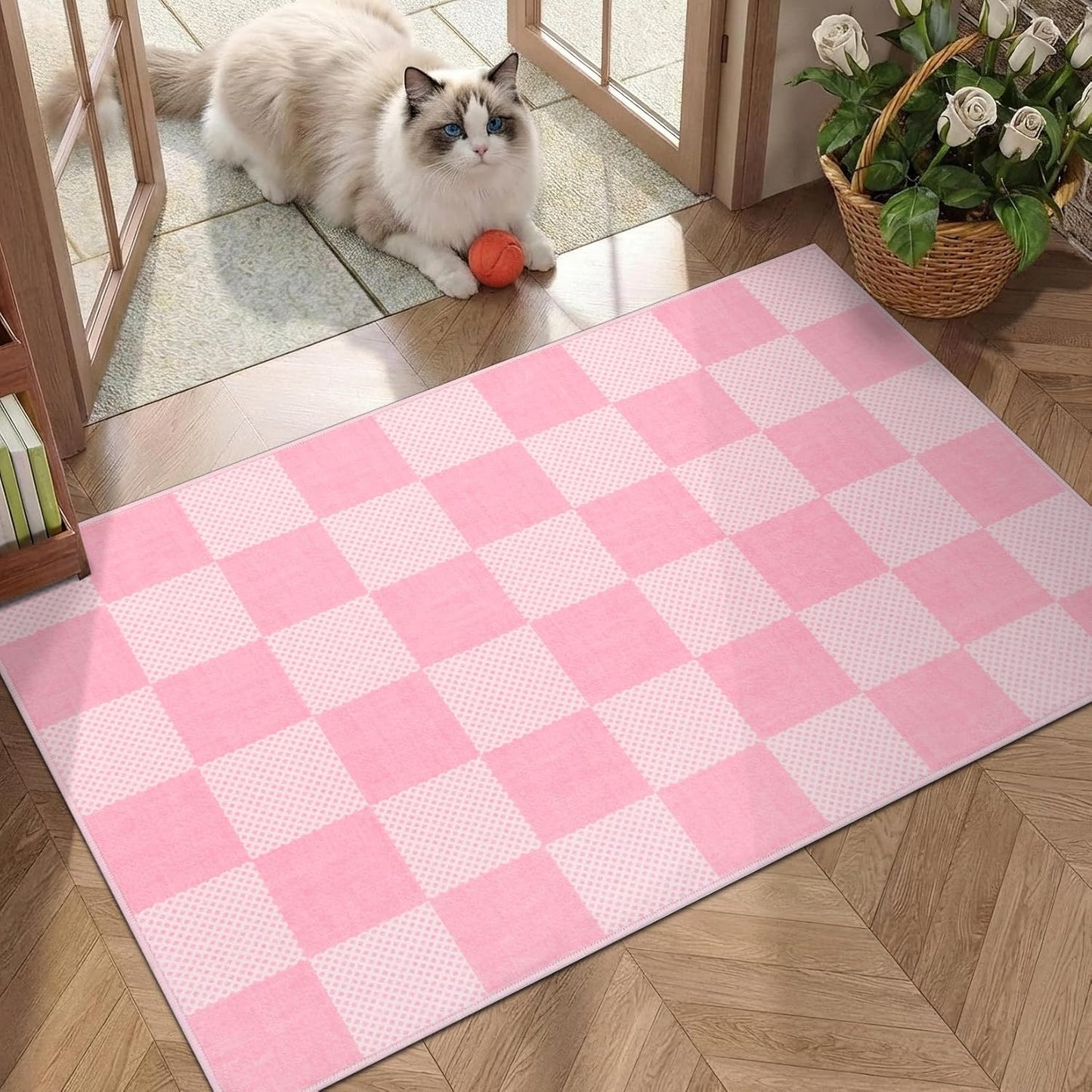 Checkered Sage Green 4x6 Washable Rug Geometric Diamond Dot Modern Soft Low-Pile Girls Small Rug for Bedroom Nursery Living Room Entryway Non-Slip TPE Backing