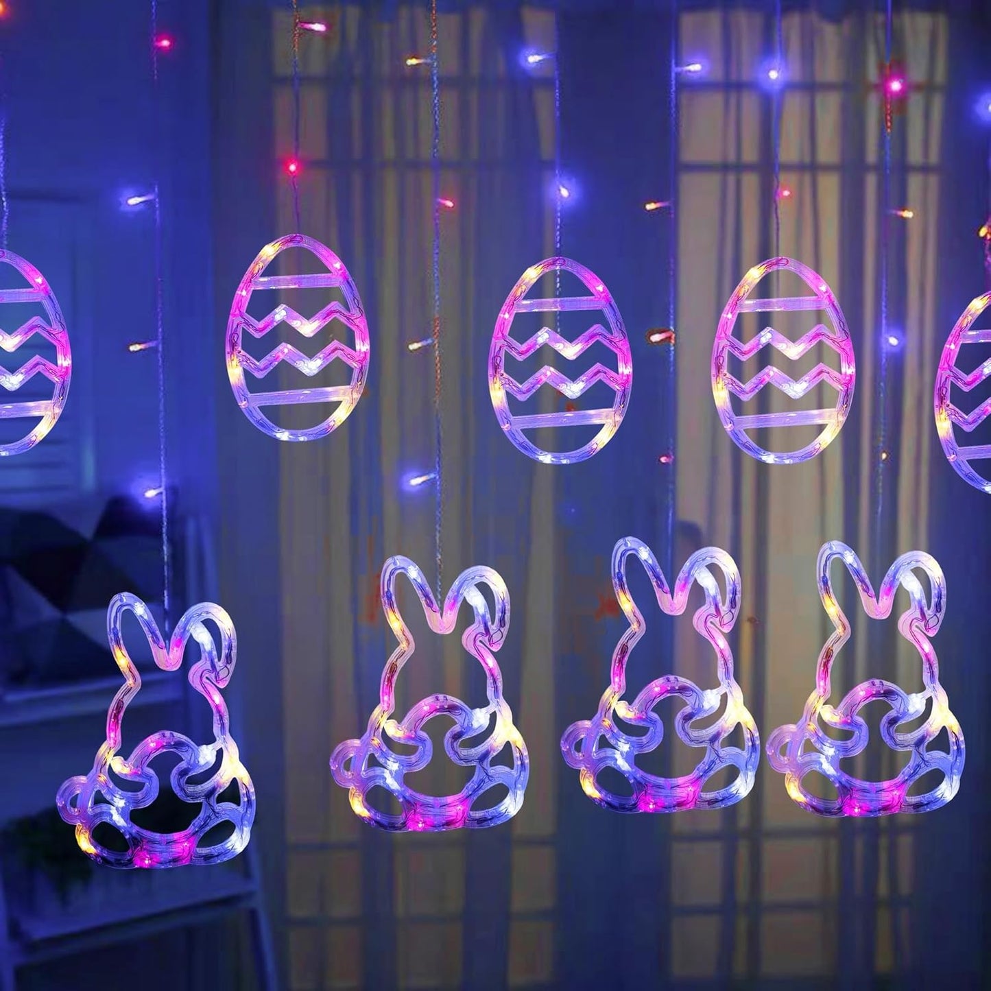 Dazzle Bright Easter Lights, 222LED 9FT Pastel Rabbit and Eggs Curtain String Lights with 8 Modes, Plug in Easter Decorations for Indoor Window Outdoor Party Decor (Pastel)