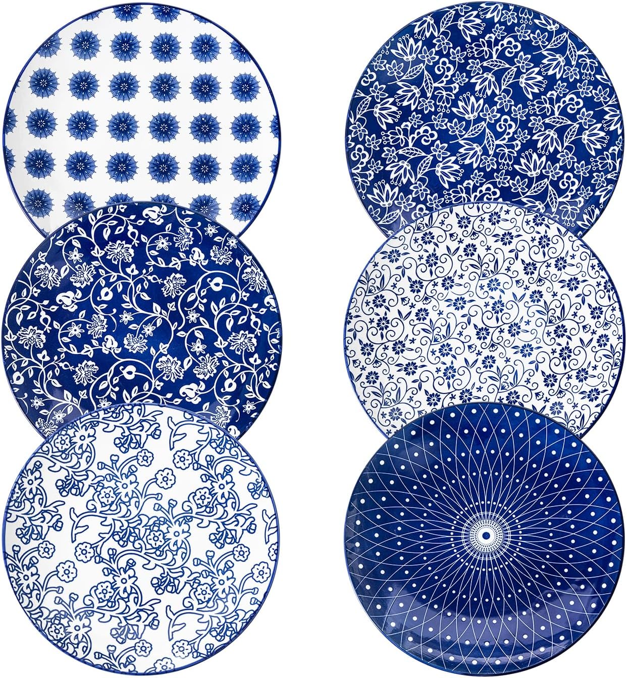 Ceramic Salad Plates Set - 8.5 Inch Small Round Dessert Dishes for Kitchen Dinner Pasta Appetizer Sandwich - Scratch Resistant Porcelain Microwave Oven Dishwasher Safe - Set of 6 - Vintage Blue