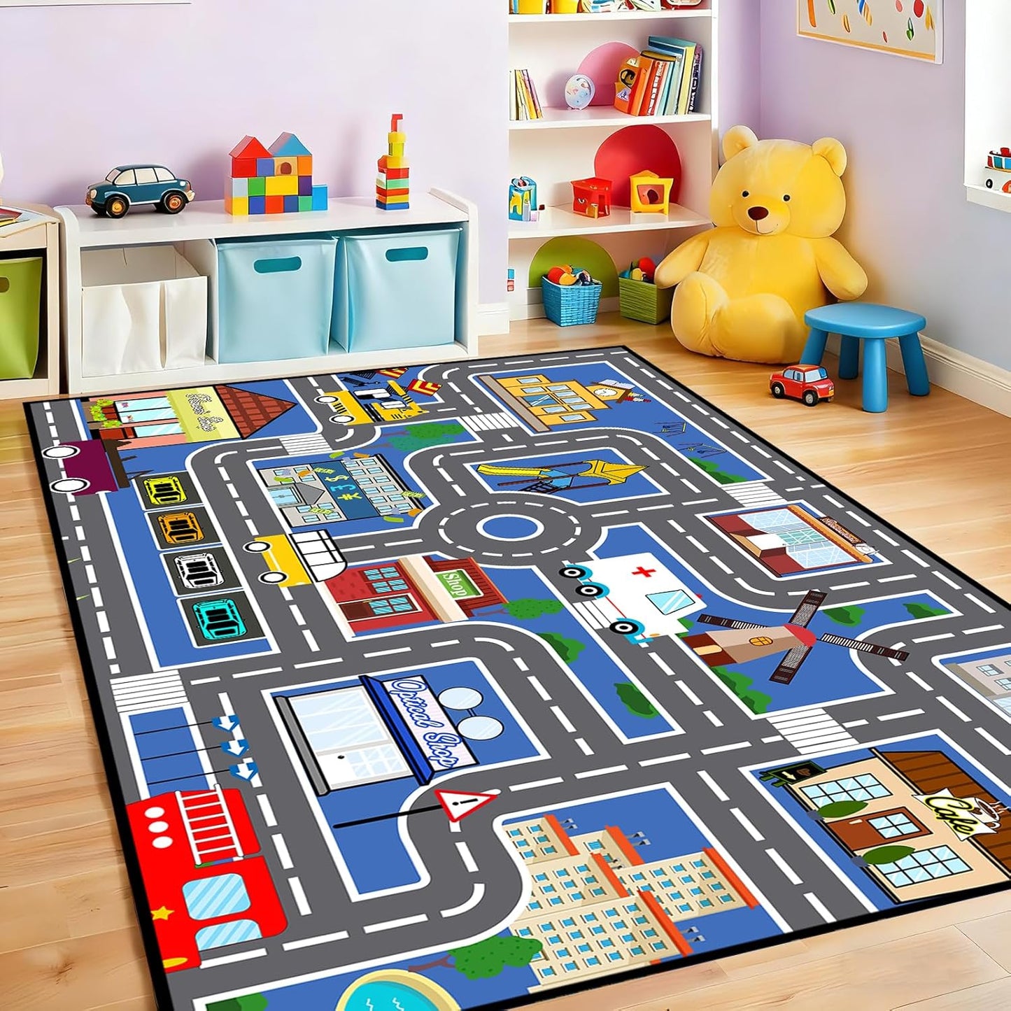 5x7 ft Kids Car Rug - Large Blue Traffic Road Play Mat for Cars, Educational City Play Carpet for Playroom, Nursery & Bedroom Decor