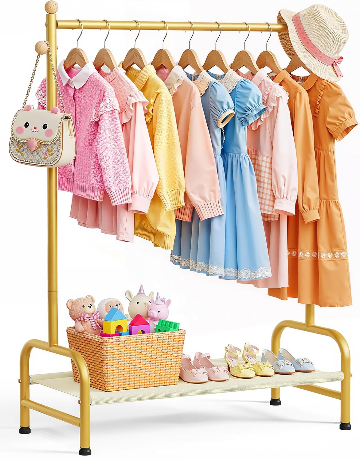 Clothes Rack - Sturdy Metal Kids Clothing Rack with Bottom Storage Shelf & Adjustable Feet, Dress Up Storage for Toddler's Bedrooms, Nurseries, Playrooms, 31" x 12.5" x 47.8", White