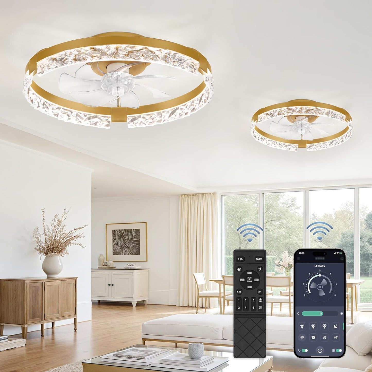 LEDIARY 20 Inch Low Profile Ceiling Fans with Lights and Remote, Fandelier Ceiling Fan Flush Mount, 3000K-6000K Dimmable LED Fan Light, White Modern Ceiling Fans with Lights for Bedroom