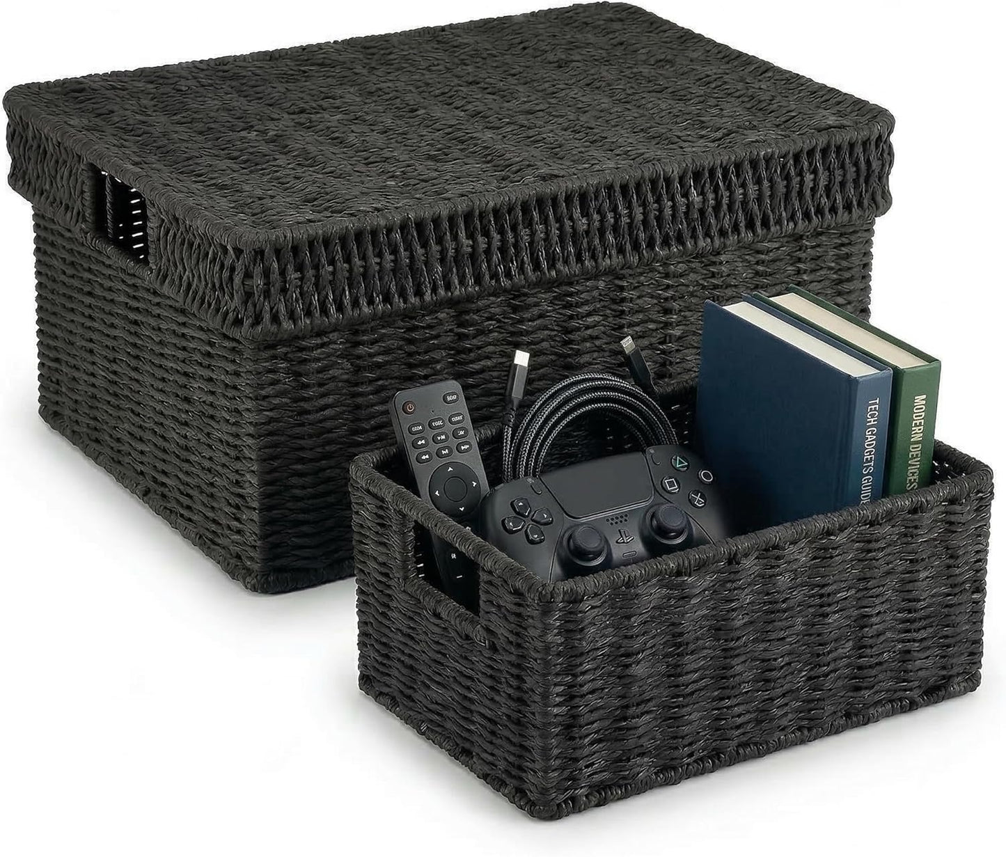 Wicker Storage Basket with Lid - Woven Storage Basket for Organizing,Rectangular Decorative Boxes Bins with Lids for Shelves, living room, Nursery, 2-Piece Set(Natural)