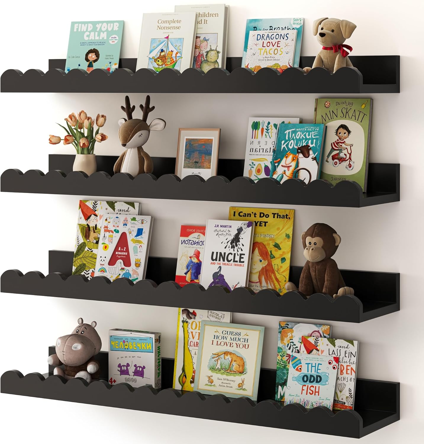 Shario Nursery Book Shelves, 4-Pack White Floating Shelves for Wall Kids, Scalloped Shelves, Wall Book Shelves for Bedroom Kids, Toddler Room, Baby Room, Nursery Decor
