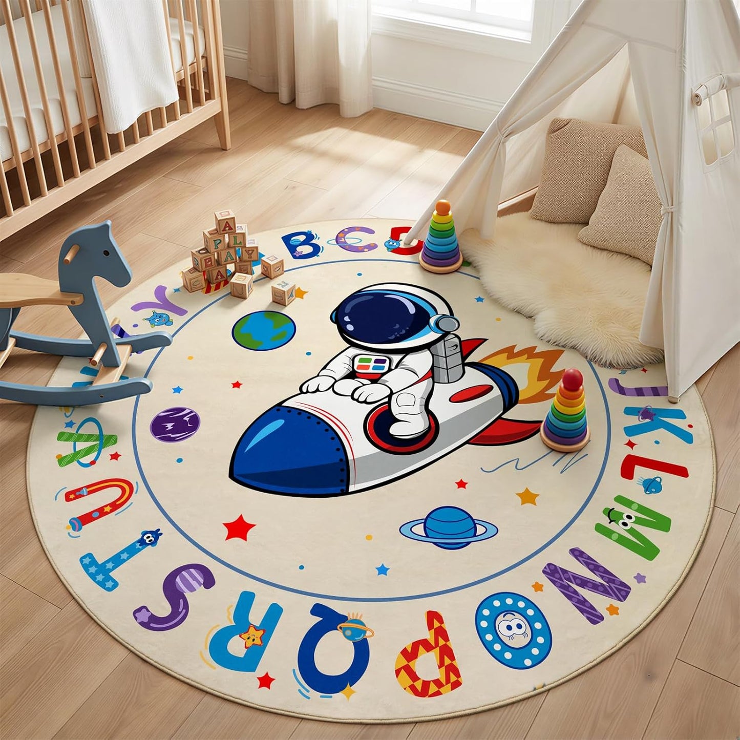 ABC Kids Alphabet Round Rug 4ft, Washable Soft Circle Nursery Rug, Non-Slip Educational Carpet with Space Astronaut Design for Classroom, Playroom & Kids Room Decor Blue