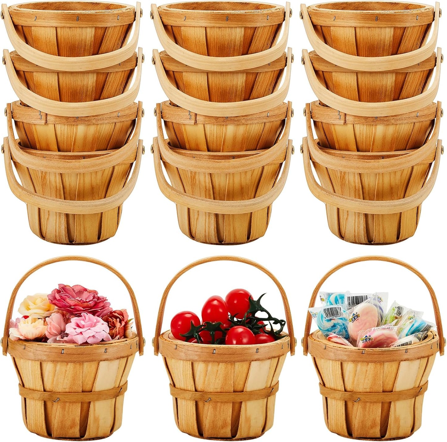Marsui 10 Pcs Small Wooden Berry Baskets – 4 x 5.1 Inch Handcrafted Rustic Baskets with Reinforced Handles, for Fruit, Market, Crafts, Gifts, Garden Picking & Decor (Brown)