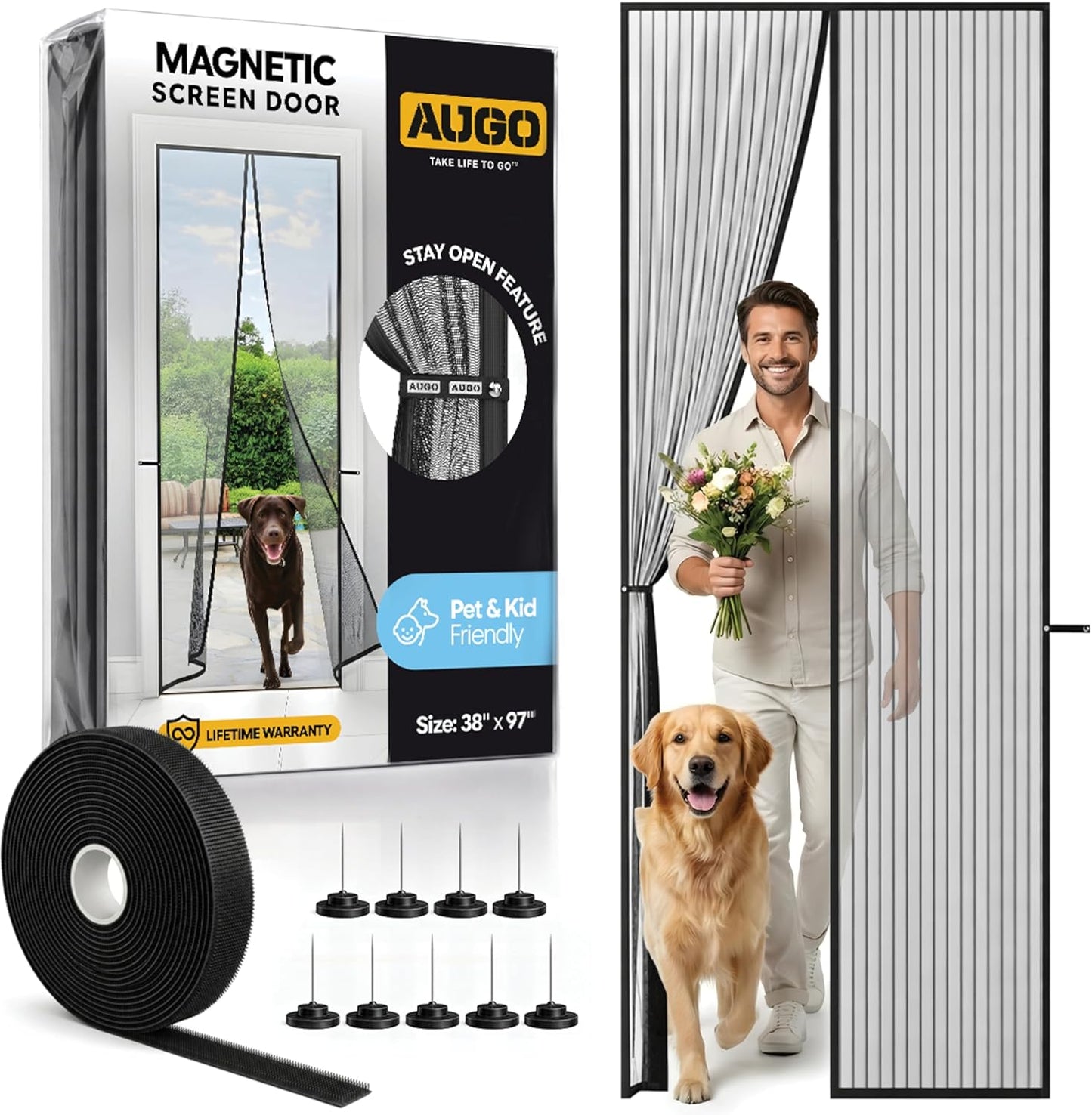 AUGO Magnetic Screen Door - Self Sealing, Heavy Duty, Hands Free Mesh Partition Keeps Bugs Out - Pet and Kid Friendly - Patent Pending Keep Open Feature - 38 Inch x 83 Inch