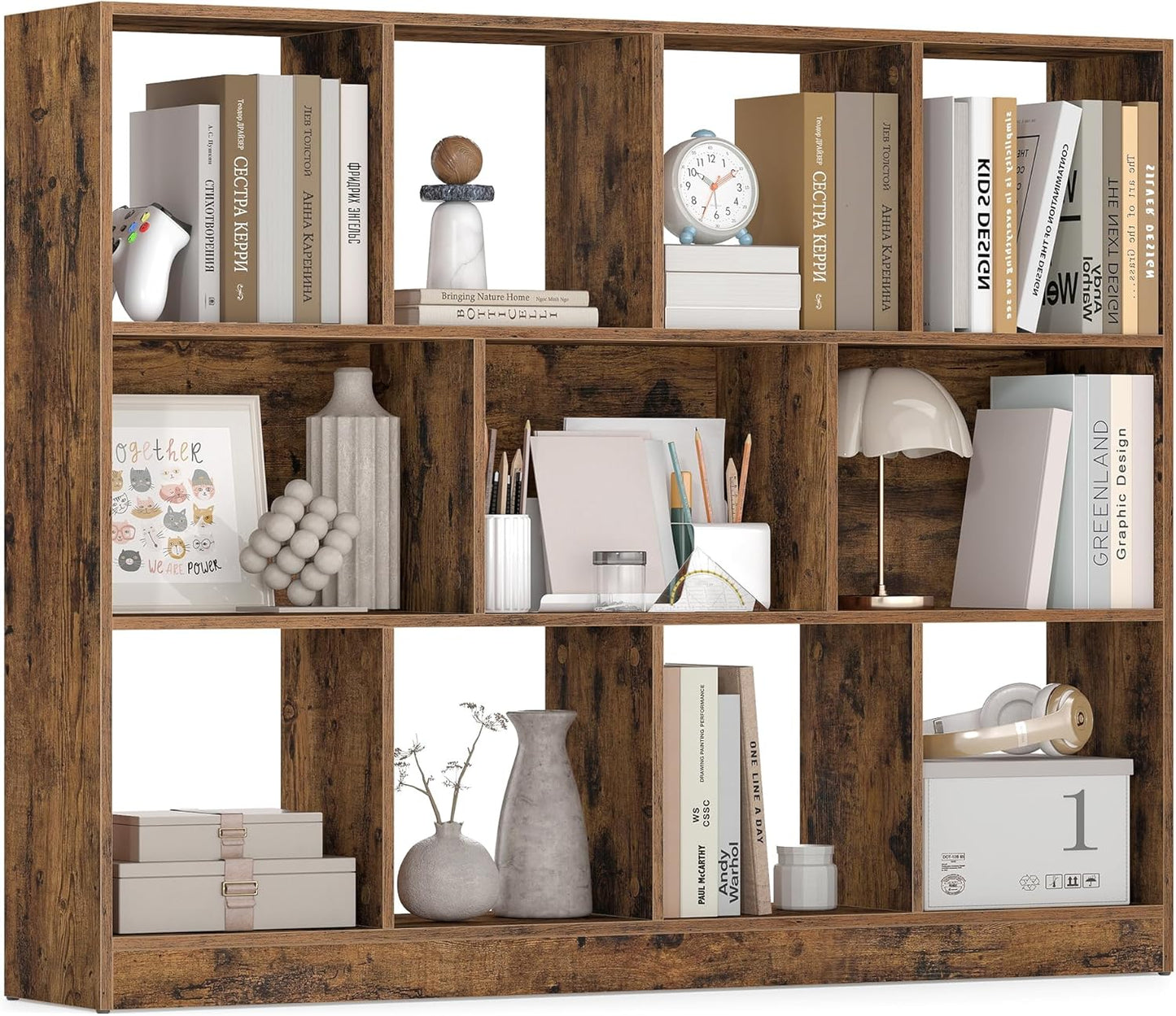 VASAGLE Bookcase, Bookshelf, Freestanding Storage Unit, 8 Open Compartments, Used Horizontally, Vertically, Upside Down, 11 x 35.4 x 39.4 Inches, for Living Room, Study, Office, Cloud White ULBC55WT