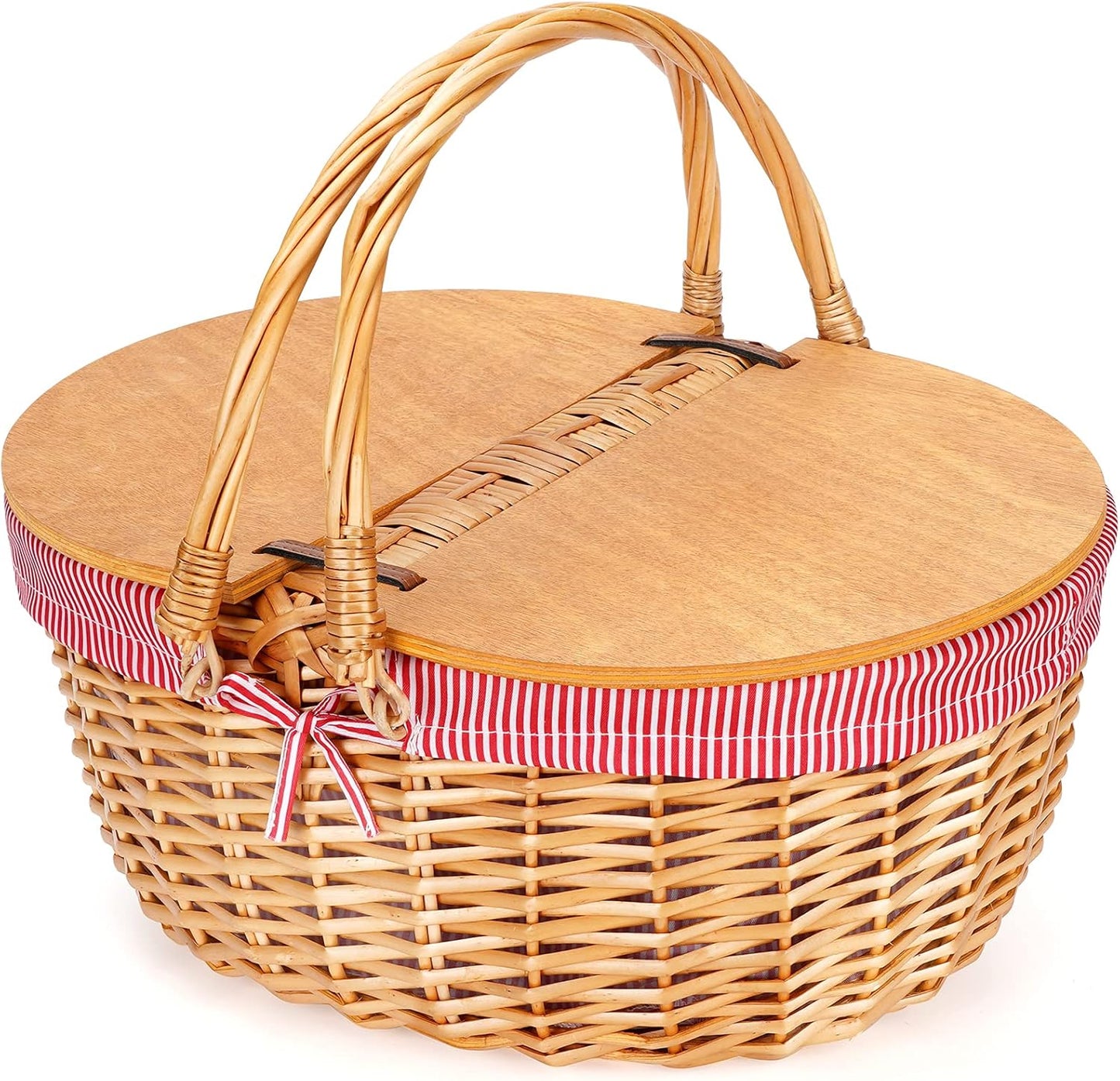 Wicker Picnic Basket with Removable Liner, Empty Picnic Baskets with Lid, Vintage-Style Picnic Hamper with Folding Woven Handle for Picnic, Camping, Outdoor, Halloween, Thanks Giving, Birthday (Cream)
