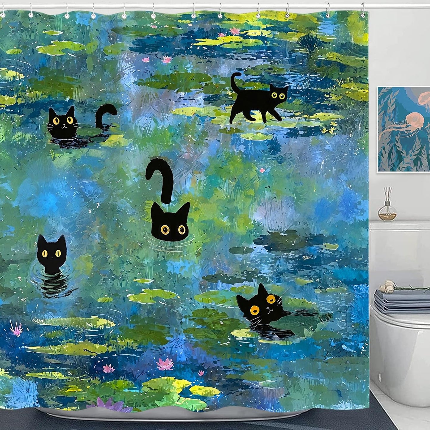 Accnicc Cute Cat Shower Curtain Funny Fun Cool Cats Monet Shower Curtains for Bathroom Water Lilies Waterproof Fabric Bath Curtain Decor 72 X 72 Inch