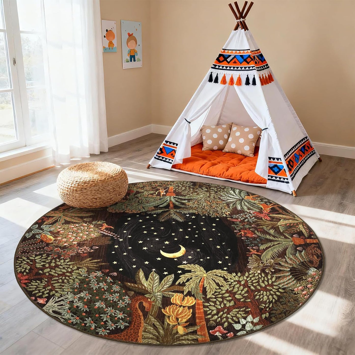 GarveeHome 4x6 Washable Area Rug for Kids Room, Jungle Animal Soft Bedroom Rug Non Slip Low Pile Small Carpet Stain Resistant Throw Rug for Bedside Playroom Classroom Office Dining Room