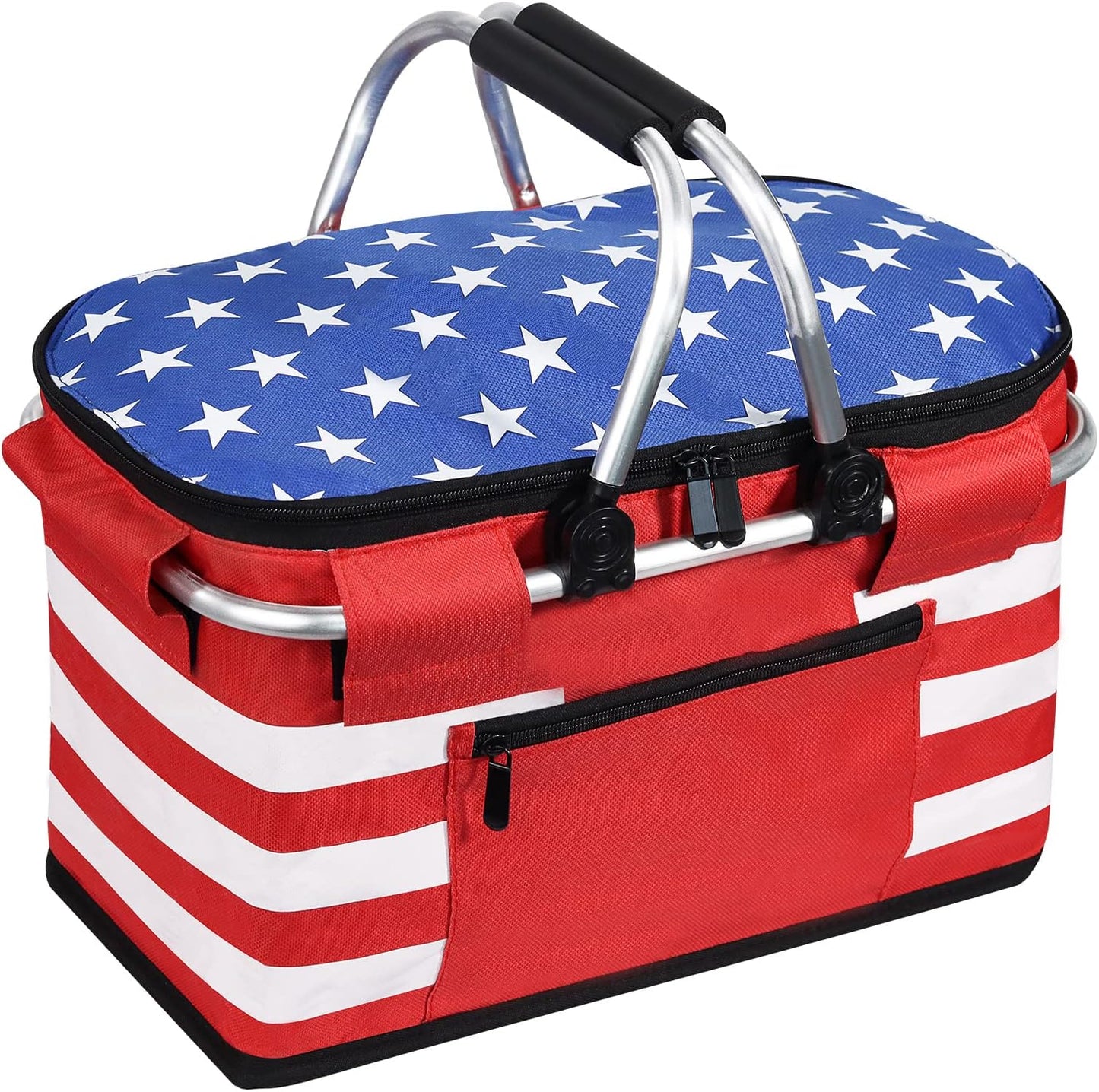 Insulated Picnic Basket,Leak-Proof Collapsible Cooler Bag,26L Grocery Basket with Lid,2 Sturdy Handles,Storage Basket for Picnic,Food Delivery,Take Outs,Market Shopping,Travel (Blue)