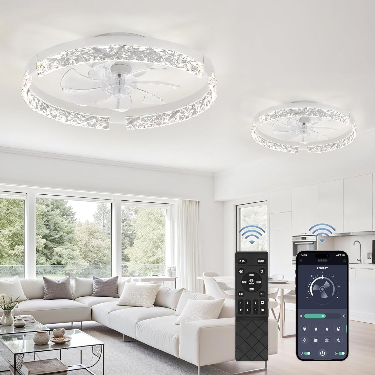 LEDIARY 20 Inch Low Profile Ceiling Fans with Lights and Remote, Fandelier Ceiling Fan Flush Mount, 3000K-6000K Dimmable LED Fan Light, White Modern Ceiling Fans with Lights for Bedroom