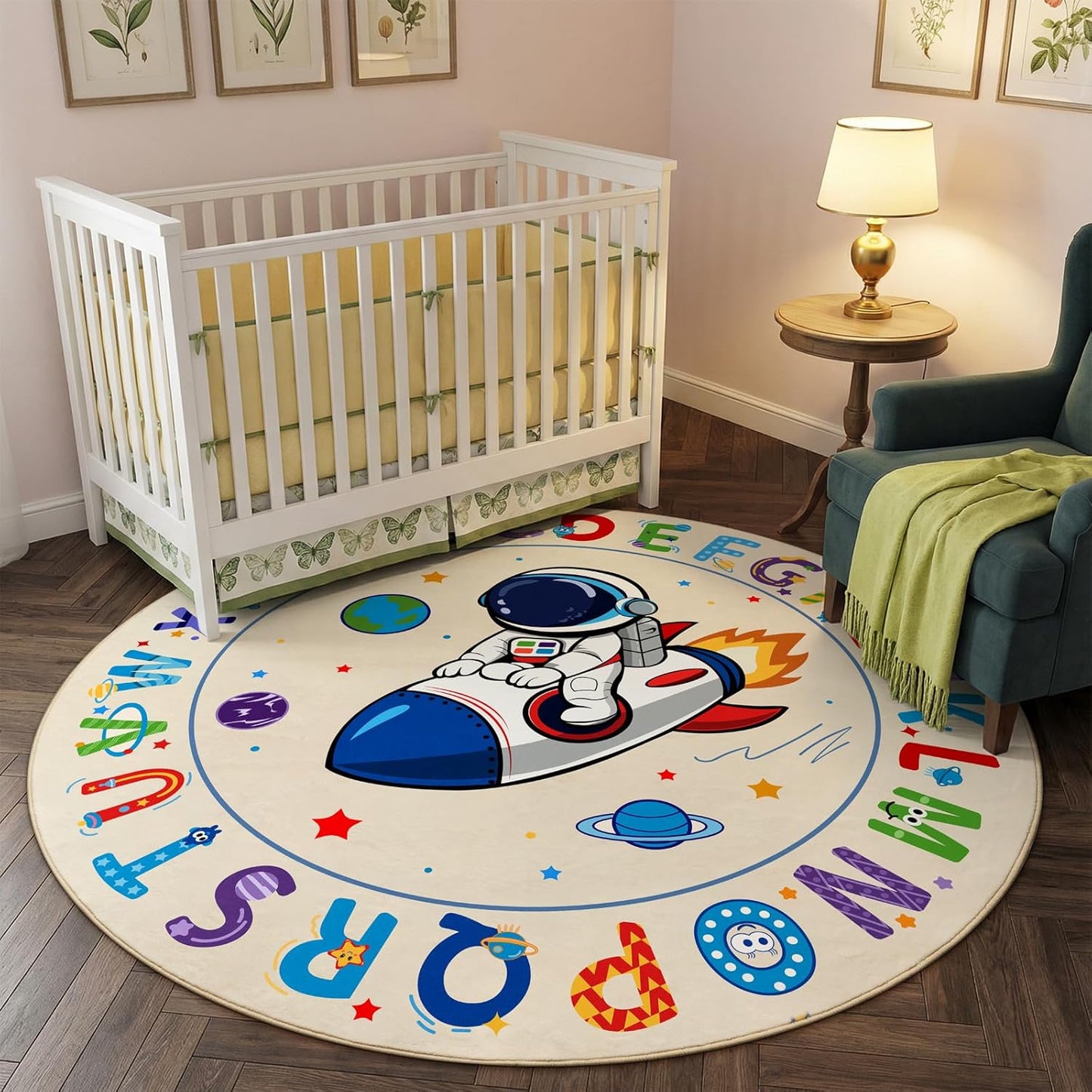 ABC Kids Alphabet Round Rug 4ft, Washable Soft Circle Nursery Rug, Non-Slip Educational Carpet with Space Astronaut Design for Classroom, Playroom & Kids Room Decor Blue