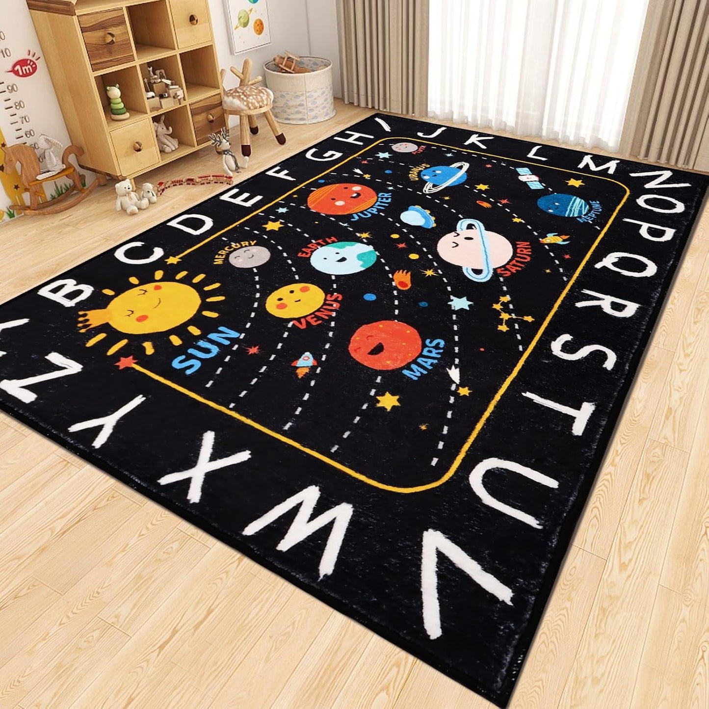 Round ABC Kids Rug,4 Ft Soft Circle Alphabet Playroom Rug,Washable Non-Slip Solar System Kid Play mat,Space Educational Rugs Kids Carpet for Classroom Playroom Bedroom Kids Room Decor