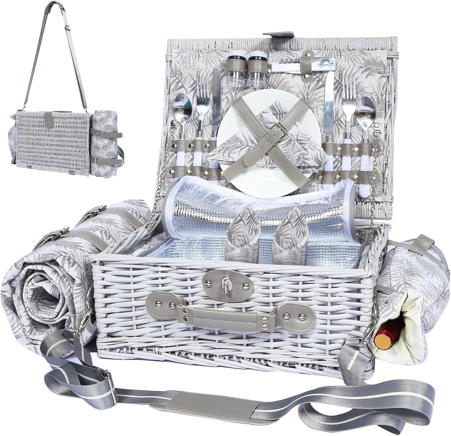 Picnic Basket for 4 Persons with Waterproof Picnic Blanket and Insulated Cooler, Large Wicker Picnic Basket for Camping, Outdoors, Valentine's Day, Christmas, Birthday, Wedding Gift