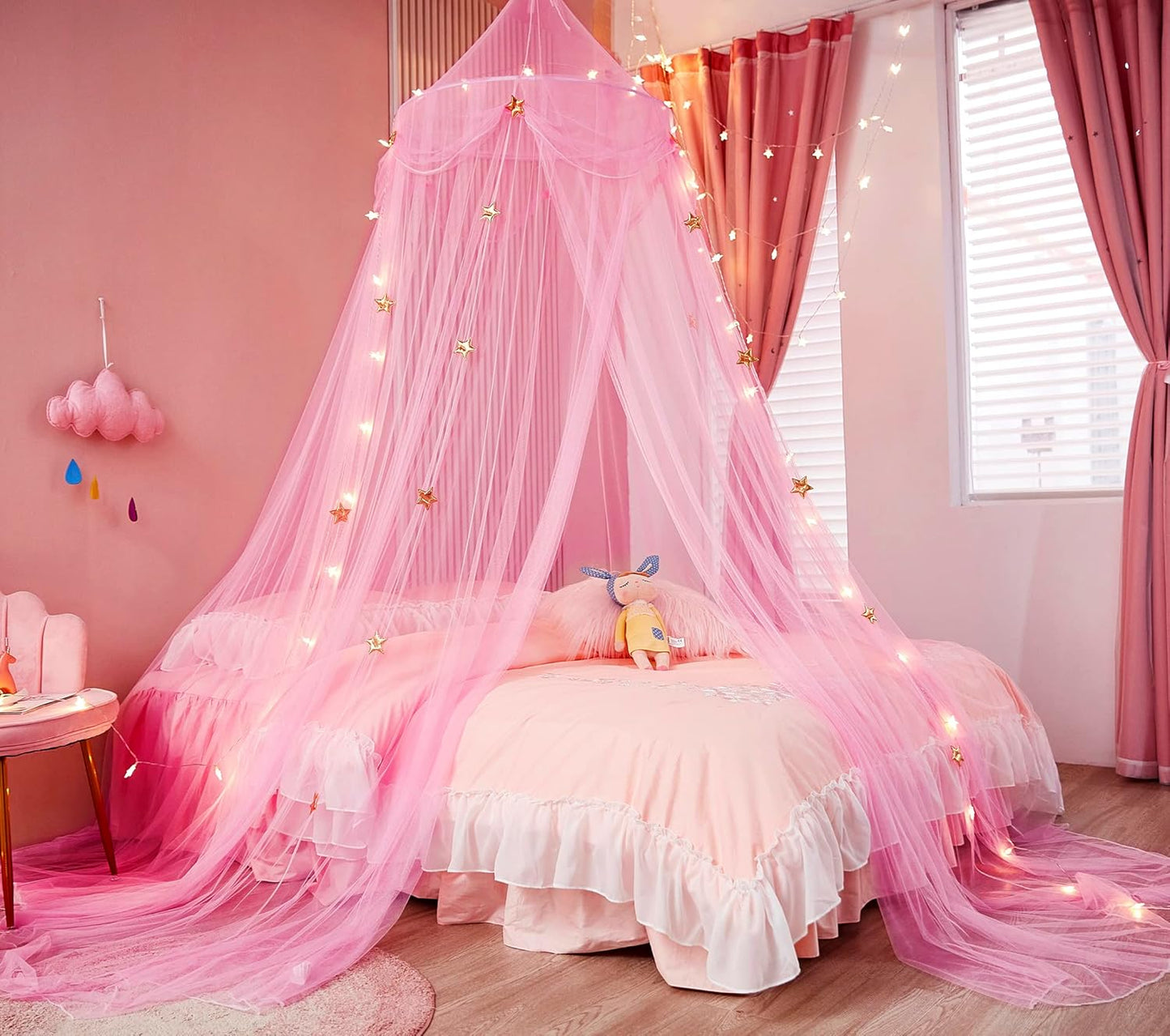 Bed Canopy with Lights for Girls,Gold Star Princess Crib Canopy Curtains,Extra Large Dome Mosquito Net Reading Nook Canopy for Kids Boys Twin Full Queen Size Bed,Fire Retardant Fabric