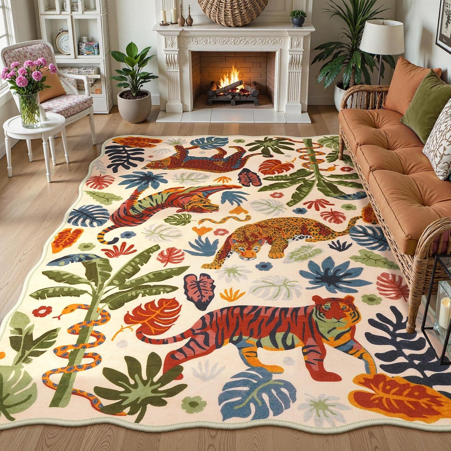LEEVAN Jungle Animal Nursery Rugs 5x7, Washable Green Tiger Living Room Rugs Non Slip Scalloped Tiger Bedroom Rug, Low Pile Leopard Floor Carpet Leaf Print Kids Rug