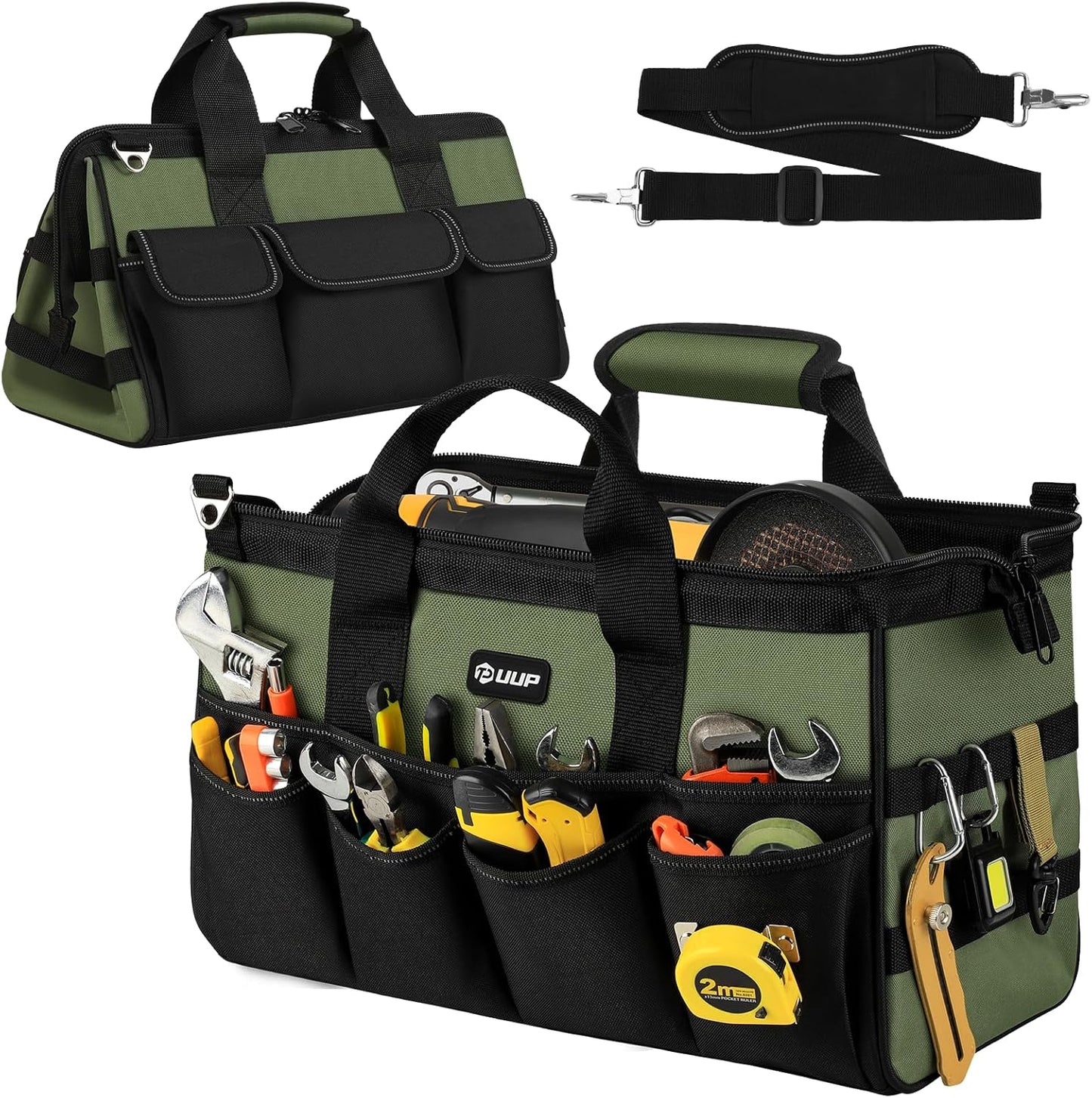 Heavy Duty Tool Bag 15-Inch, 16-Pocket Portable Empty Tool Box Organizer, Big Storage Toolbox Organization, Soft Handle Large Zipper Carrying Toolbag, Father Day Gifts for Him Dad Men, Green