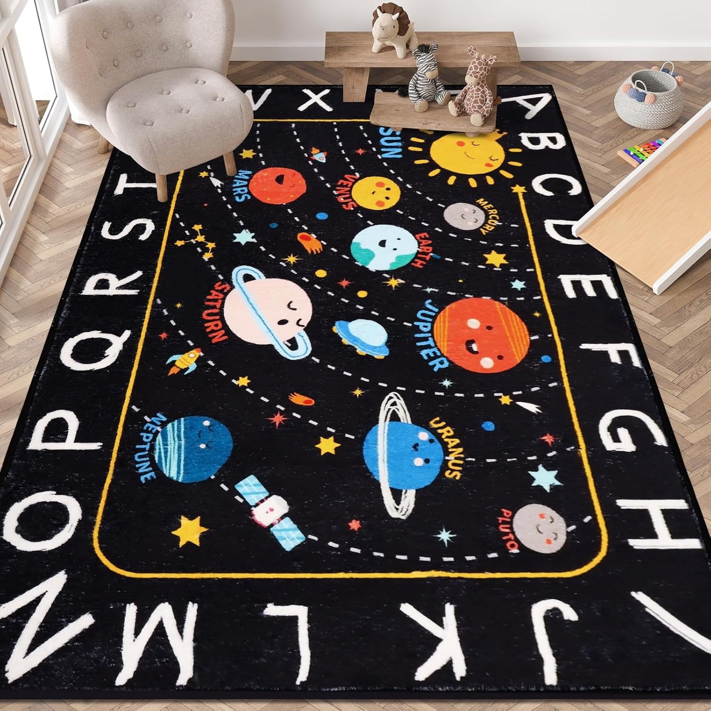 Round ABC Kids Rug,4 Ft Soft Circle Alphabet Playroom Rug,Washable Non-Slip Solar System Kid Play mat,Space Educational Rugs Kids Carpet for Classroom Playroom Bedroom Kids Room Decor