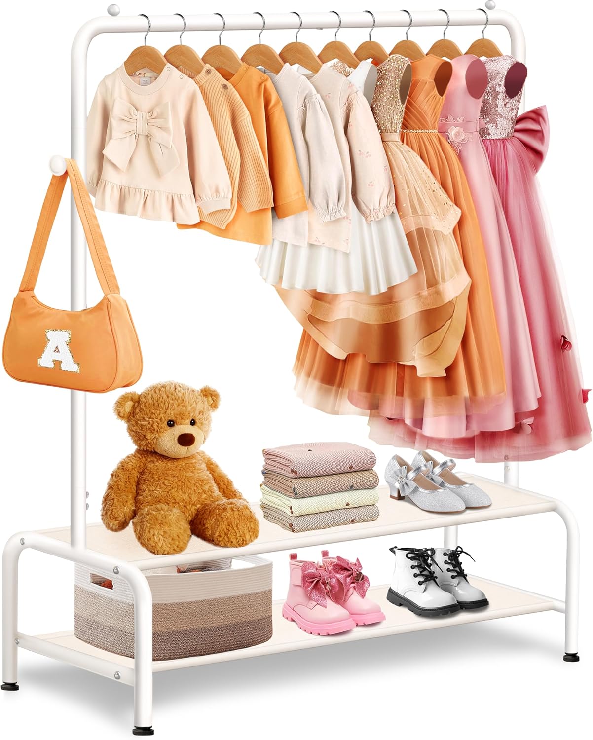 Kids Clothing Rack - Dress Up Storage - Dress Up Rack for Little Girls - Small Kids Costume Wardrobe with 2 Fabric Shelves - Princess Room Bedroom Decor