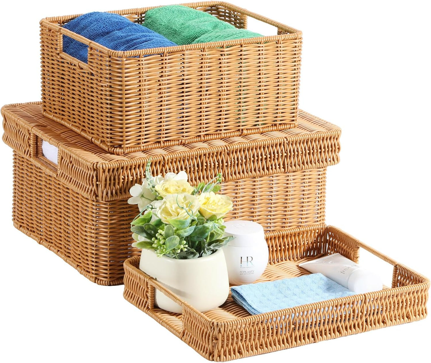Wicker Storage Basket with Lid - Woven Storage Basket for Organizing,Rectangular Decorative Boxes Bins with Lids for Shelves, living room, Nursery, 2-Piece Set(Natural)